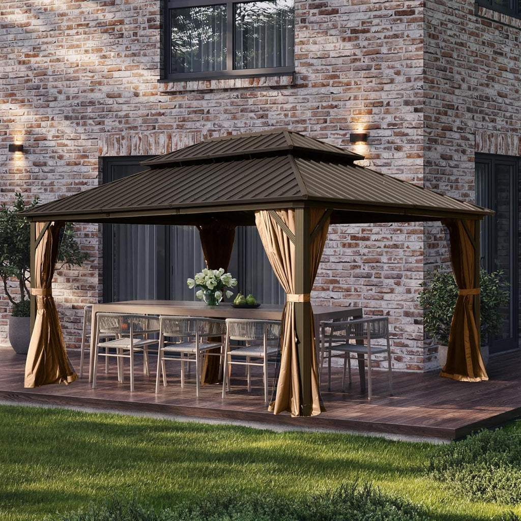 Domi 10' x 14' Hardtop Gazebo, Outdoor Metal Gazebo for Patios with Galvanized Steel Double Roof, Heavy Duty Curtains and Netting Included, Permanent Pergola for Backyard, Garden Lawn, Brown