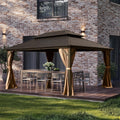 Domi 10' x 14' Hardtop Gazebo, Outdoor Metal Gazebo for Patios with Galvanized Steel Double Roof, Heavy Duty Curtains and Netting Included, Permanent Pergola for Backyard, Garden Lawn, Brown