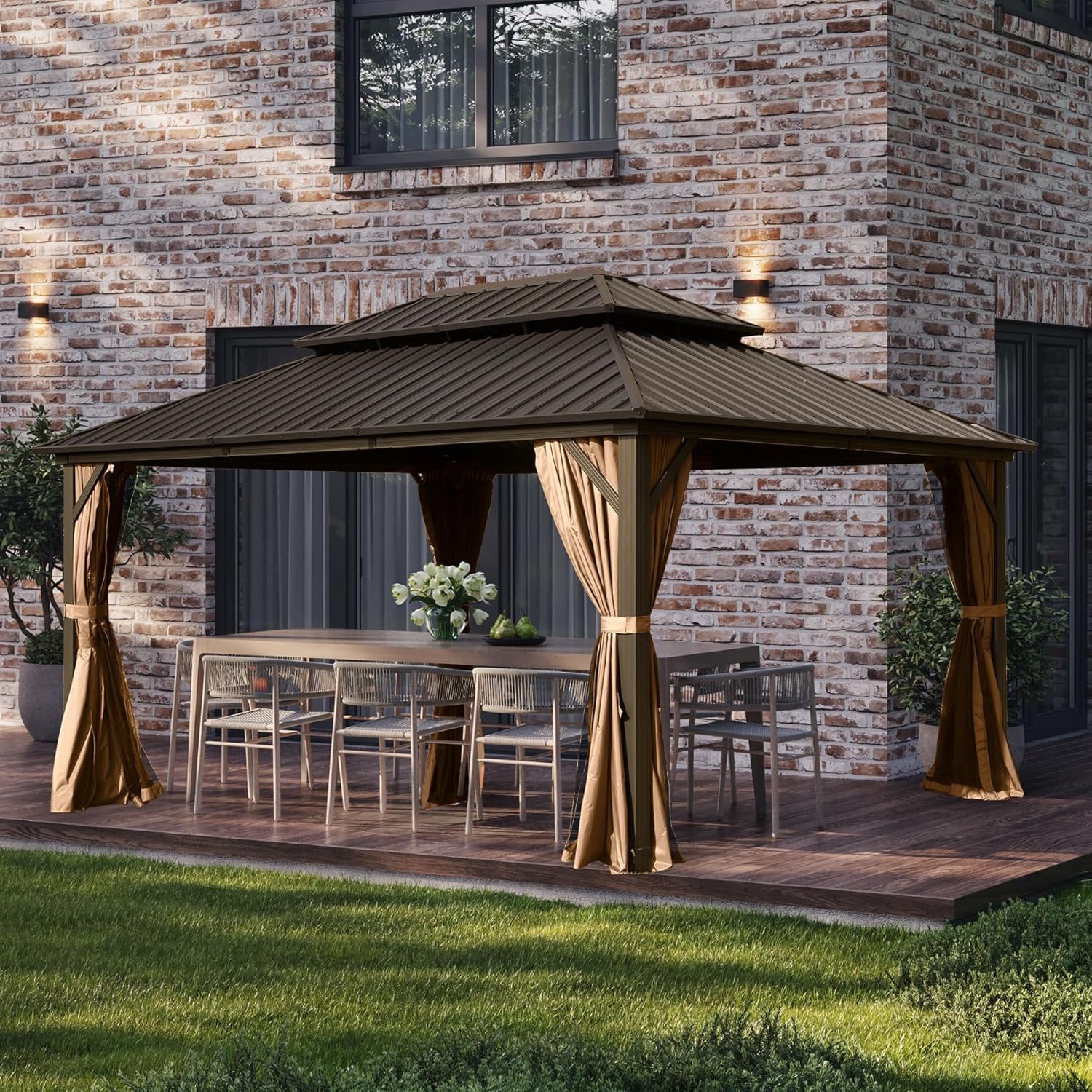Domi 10' x 14' Hardtop Gazebo, Outdoor Metal Gazebo for Patios with Galvanized Steel Double Roof, Heavy Duty Curtains and Netting Included, Permanent Pergola for Backyard, Garden Lawn, Brown
