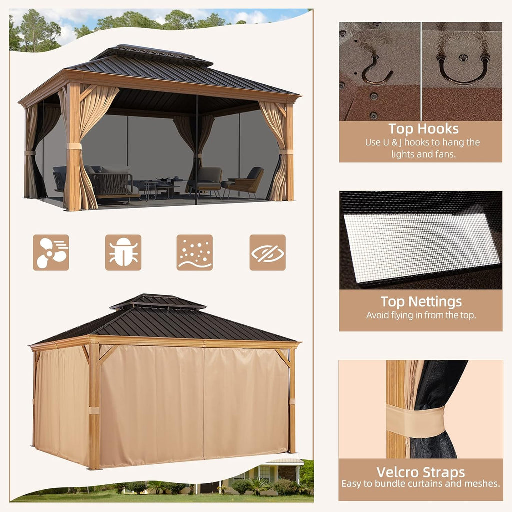 MELLCOM 10' x 12' Hardtop Gazebo, Wooden Finish Coated Aluminum Frame Gazebo with Galvanized Steel Double Roof, Outdoor Permanent Metal Pavilion with Curtains and Nettings for Patio, Lawn & Garden