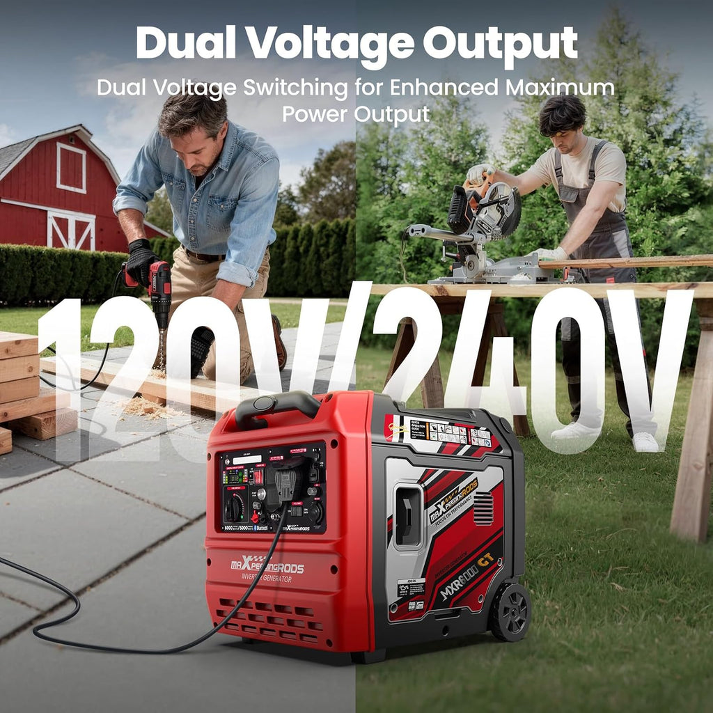 maXpeedingrods 6000 Watt Portable Inverter Generator with Bluetooth® App Remote Control, with Electric Start, Dual Voltage Output with Wheels and Telescopic Handle for Garden, RV Trips, Home Backup