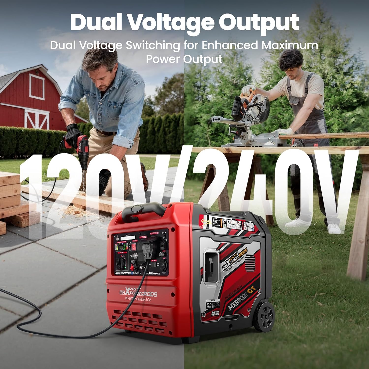 maXpeedingrods 6000 Watt Portable Inverter Generator with Bluetooth® App Remote Control, with Electric Start, Dual Voltage Output with Wheels and Telescopic Handle for Garden, RV Trips, Home Backup