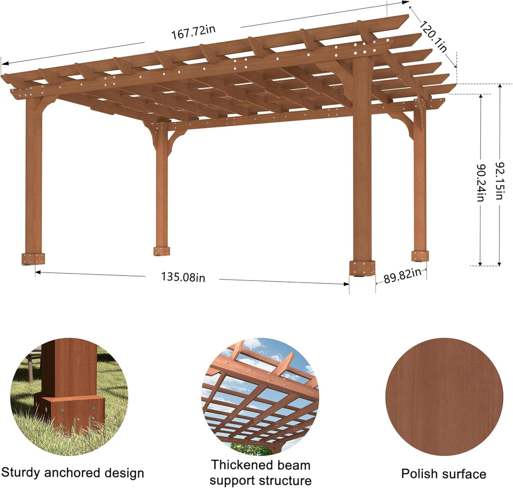 Yardenaler 10 x 14 FT Pergola, Cedar Wood Gazebo with Slatted Roof Trellis, Outdoor Garden Shelter with Stakes Included, Patio, Deck, Backyard, Lawn