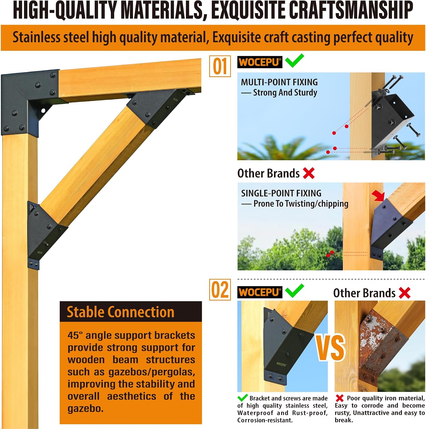 8pack 4x4 (Actual 3.5''x3.5'') Degree Angle Support Brackets, for Pergola, Gazebo, Deck Wood Frame Structures Provide Support 45° Degree Angle Bracket