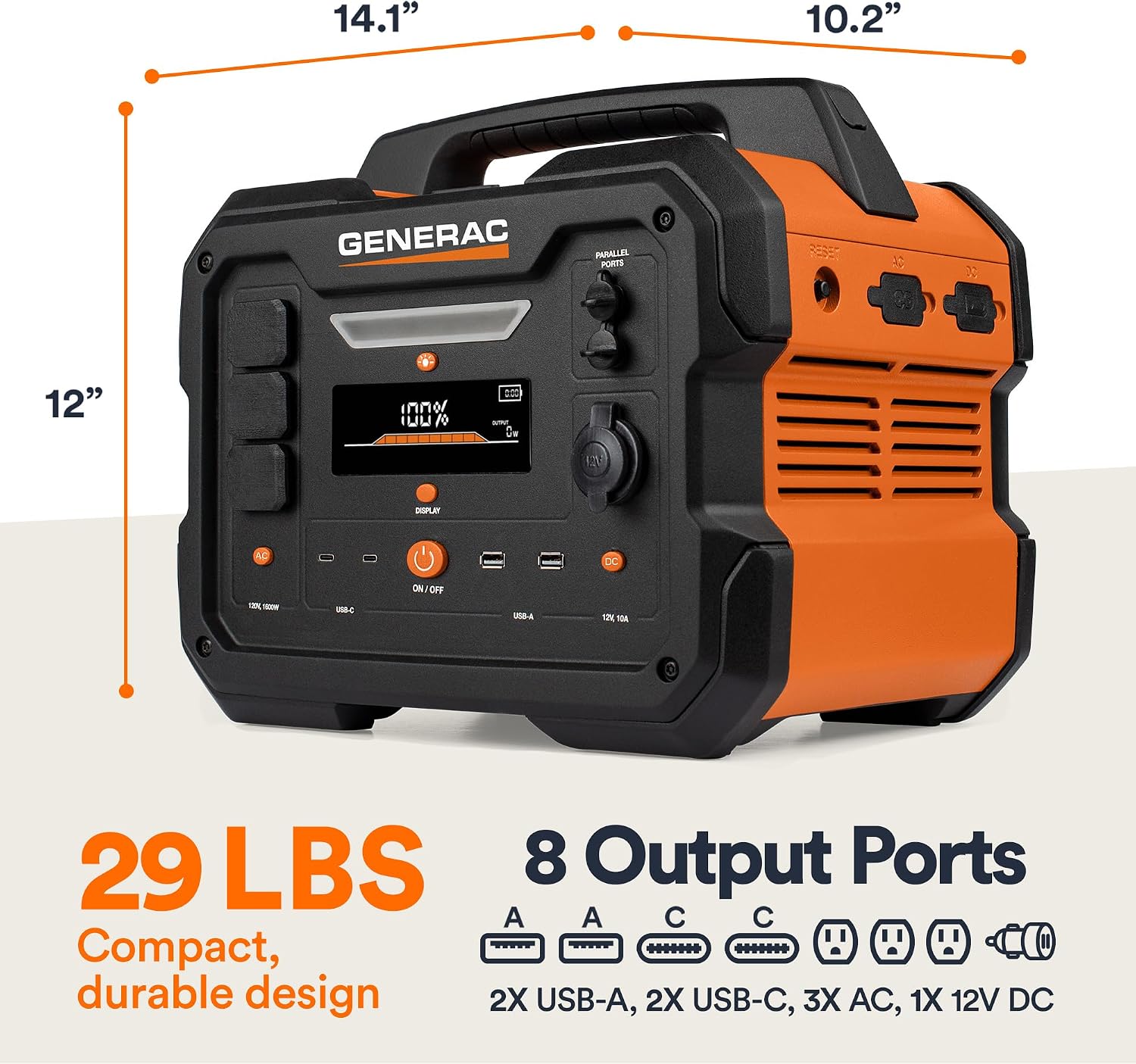 Generac 1086Wh Portable Power Station with Lithium-Ion Battery - Clean, Emission-Free Power - Wirless Charging Pad and Compact Design - Camping, RV, Indoor/Outdoor Use - Orange/Black
