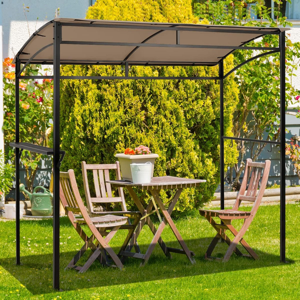 LDAILY Grill Gazebo, 7x4.4ft BBQ Canopy Shelter with Storage Shelf and Hooks, Heavy-Duty Steel Frame, Grill Pergola with Bottle Opener Notch, Small Gazebo for Backyard, Patio, Garden (Brown)
