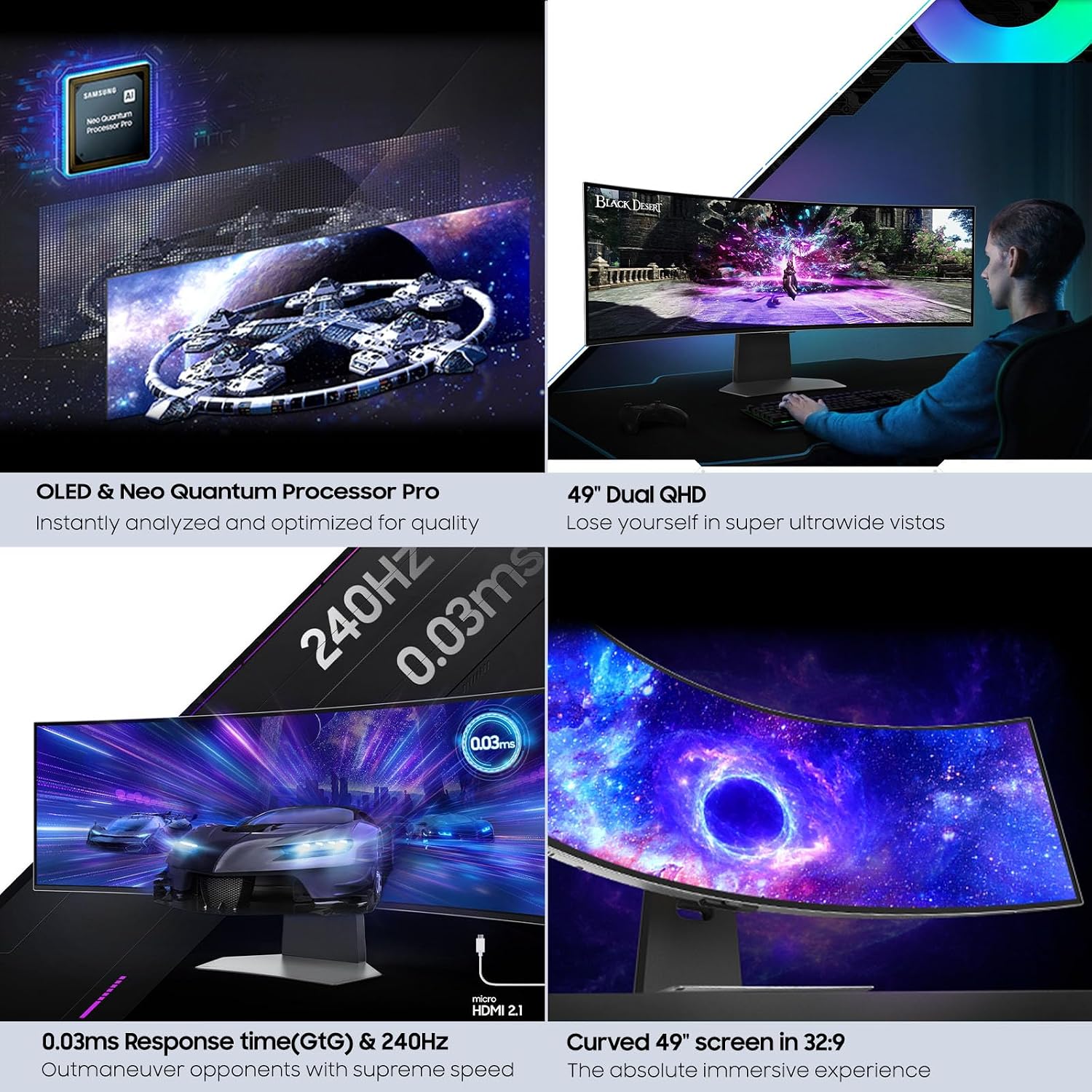 Samsung 49' Odyssey OLED G9 (G95SC) Curved Smart Gaming Monitor, QD-OLED, 240Hz, 0.03ms, FreeSync Premium Pro, G-Sync Compatible, Dual QHD, Neo Quantum Processor, LS49CG954SNXZA