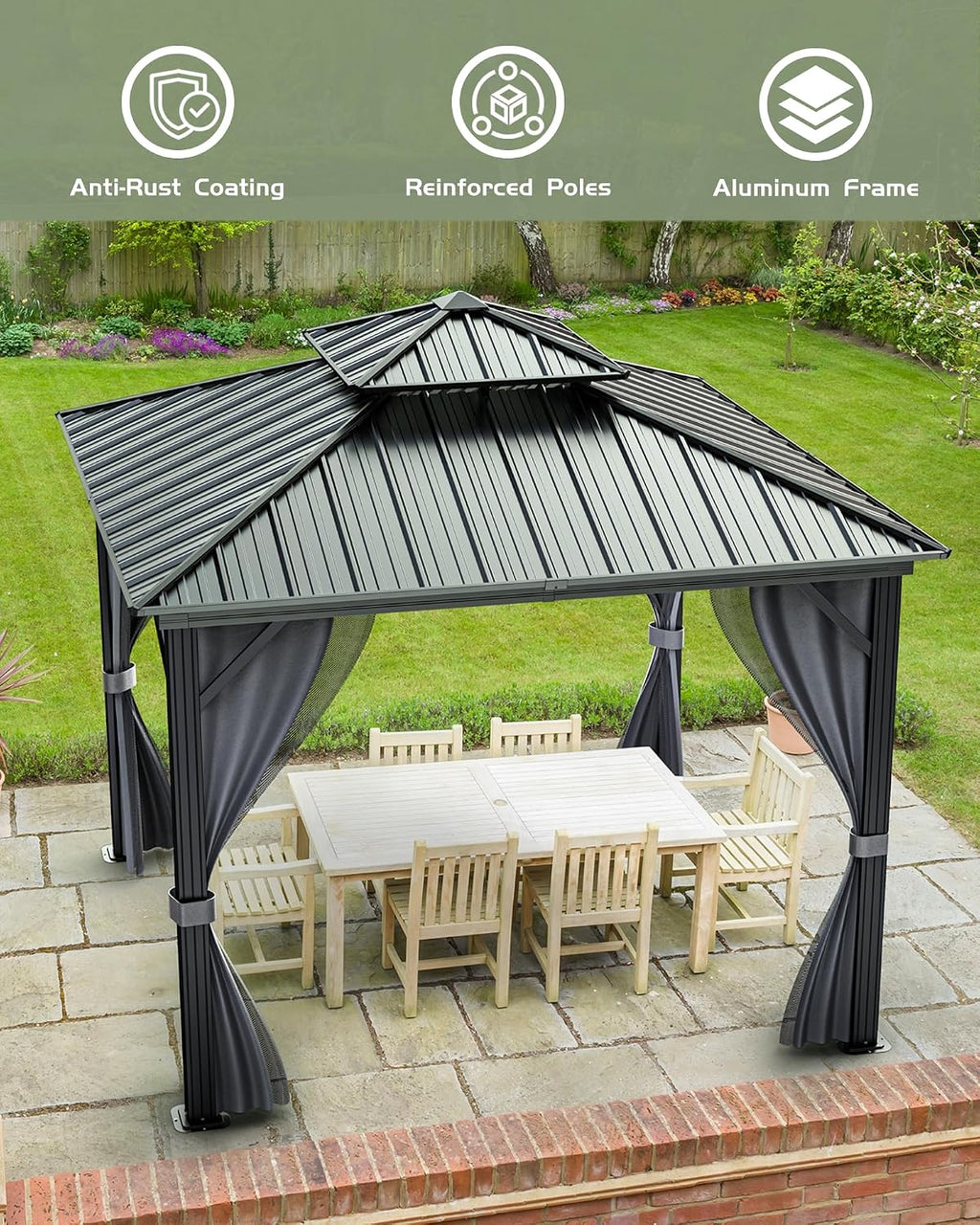 GarveeLife Hardtop Gazebo 10 ft x10 ft for All Weather, with Double Metal Roof, Aluminum Alloy Frame, Net, and Curtain, Permanent Building for Patio, Deck, Backyard, Lawn, and Garden