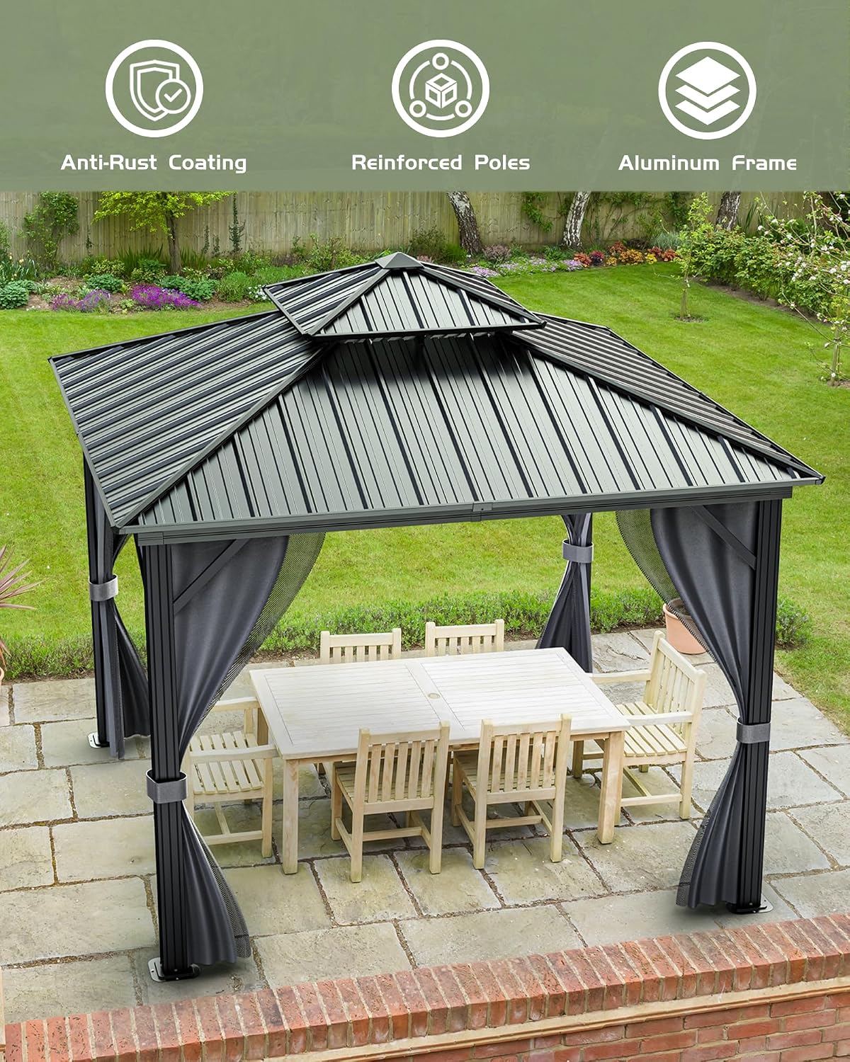 GarveeLife Hardtop Gazebo 10 ft x10 ft for All Weather, with Double Metal Roof, Aluminum Alloy Frame, Net, and Curtain, Permanent Building for Patio, Deck, Backyard, Lawn, and Garden