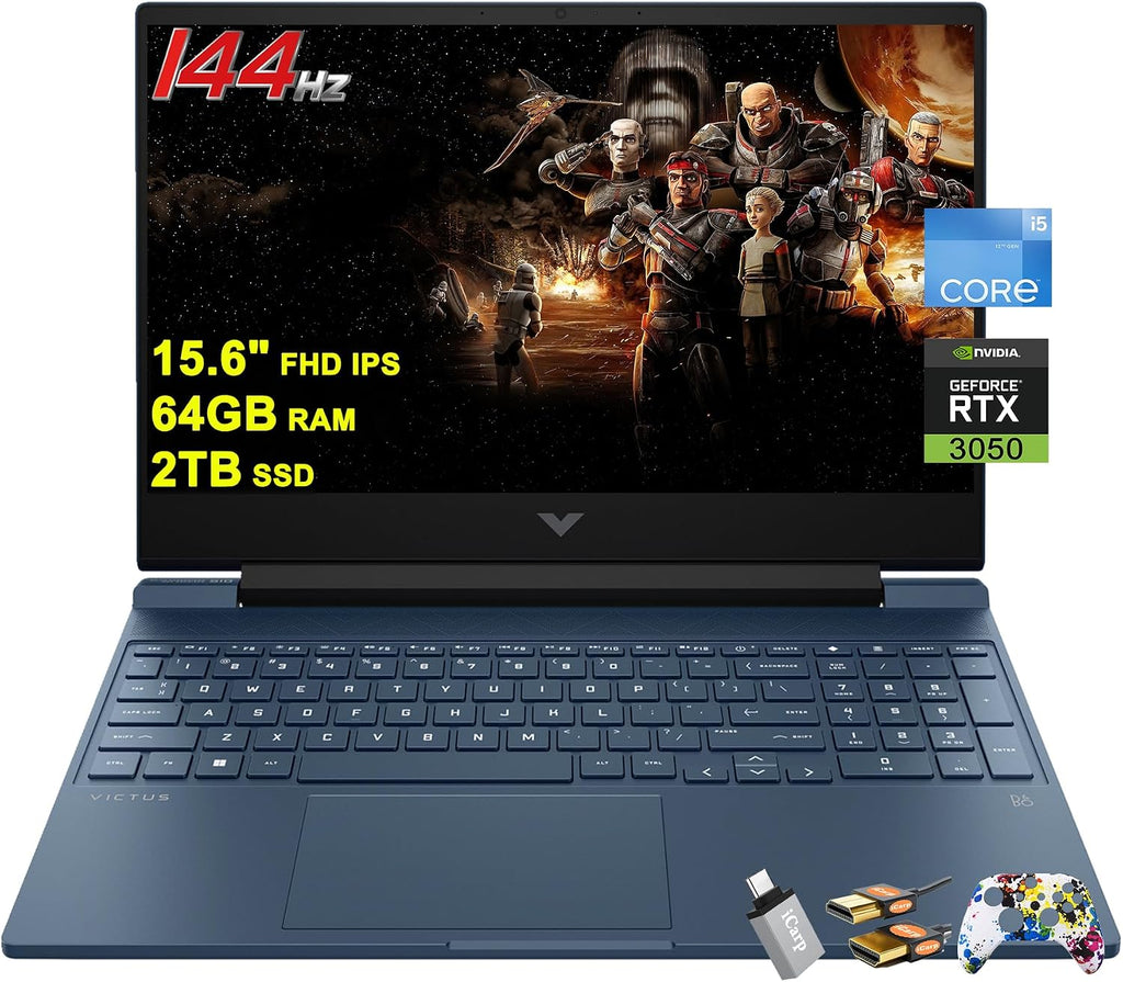 HP Victus 15 Gaming Laptop 15.6' FHD IPS Anti-Glare 144Hz Intel 8-core i5-12450H (Beat i7-11800H) 64GB RAM 2TB SSD GeForce RTX 3050 Backlit B&O Fast Charging Win11 Blue w/ICP Accessory