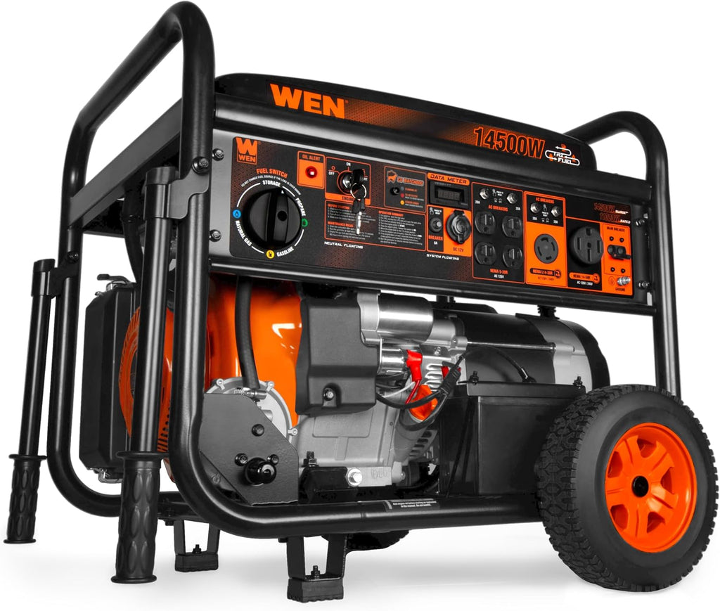 WEN 14,500-Watt 120V/240V Tri-Fuel Generator for Gas, Propane, and Natural Gas, Transfer-Switch Ready with Electric Start, Wheel Kit, and CO Watchdog (TF-1450X), Black & Red