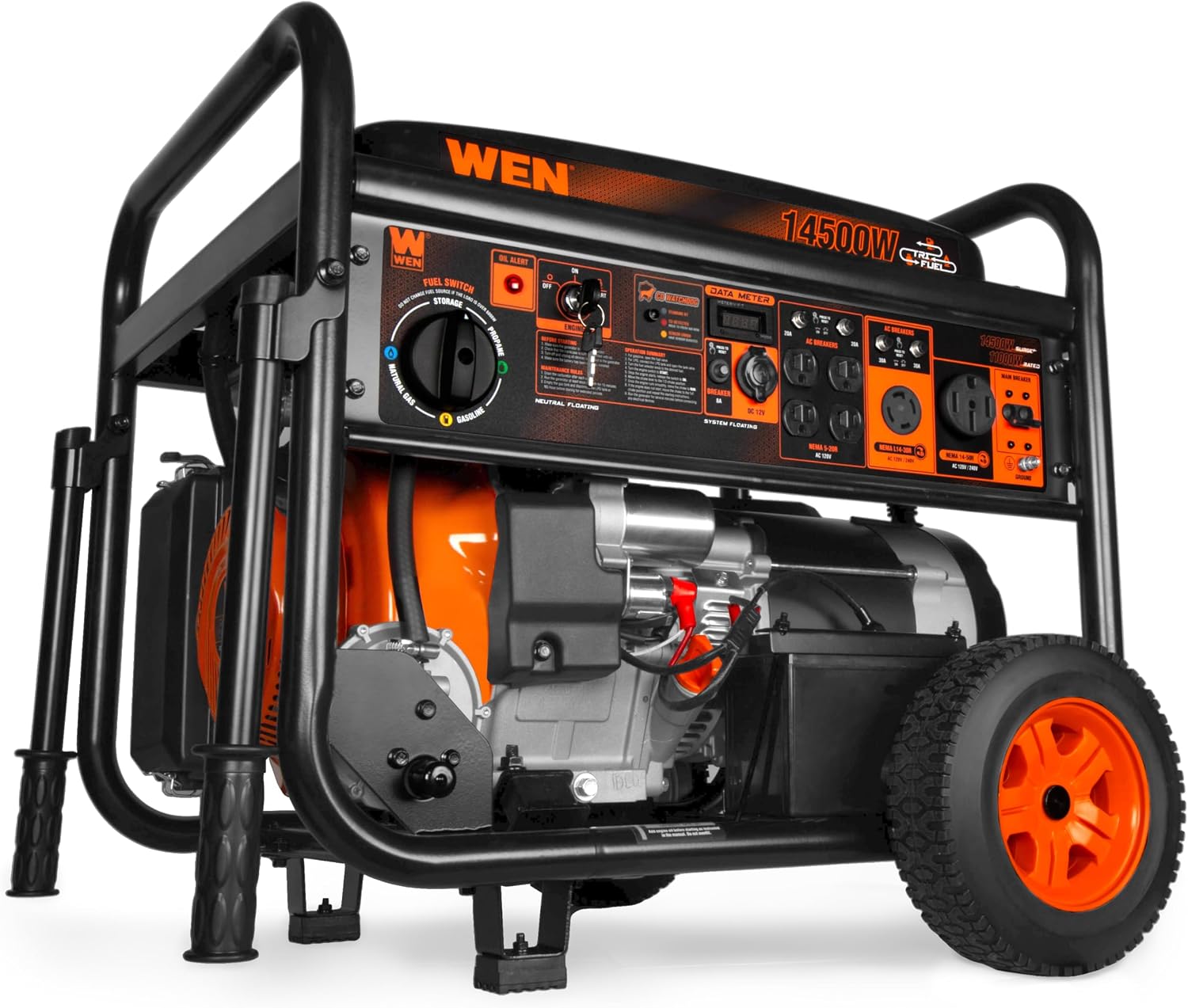 WEN 14,500-Watt 120V/240V Tri-Fuel Generator for Gas, Propane, and Natural Gas, Transfer-Switch Ready with Electric Start, Wheel Kit, and CO Watchdog (TF-1450X), Black & Red