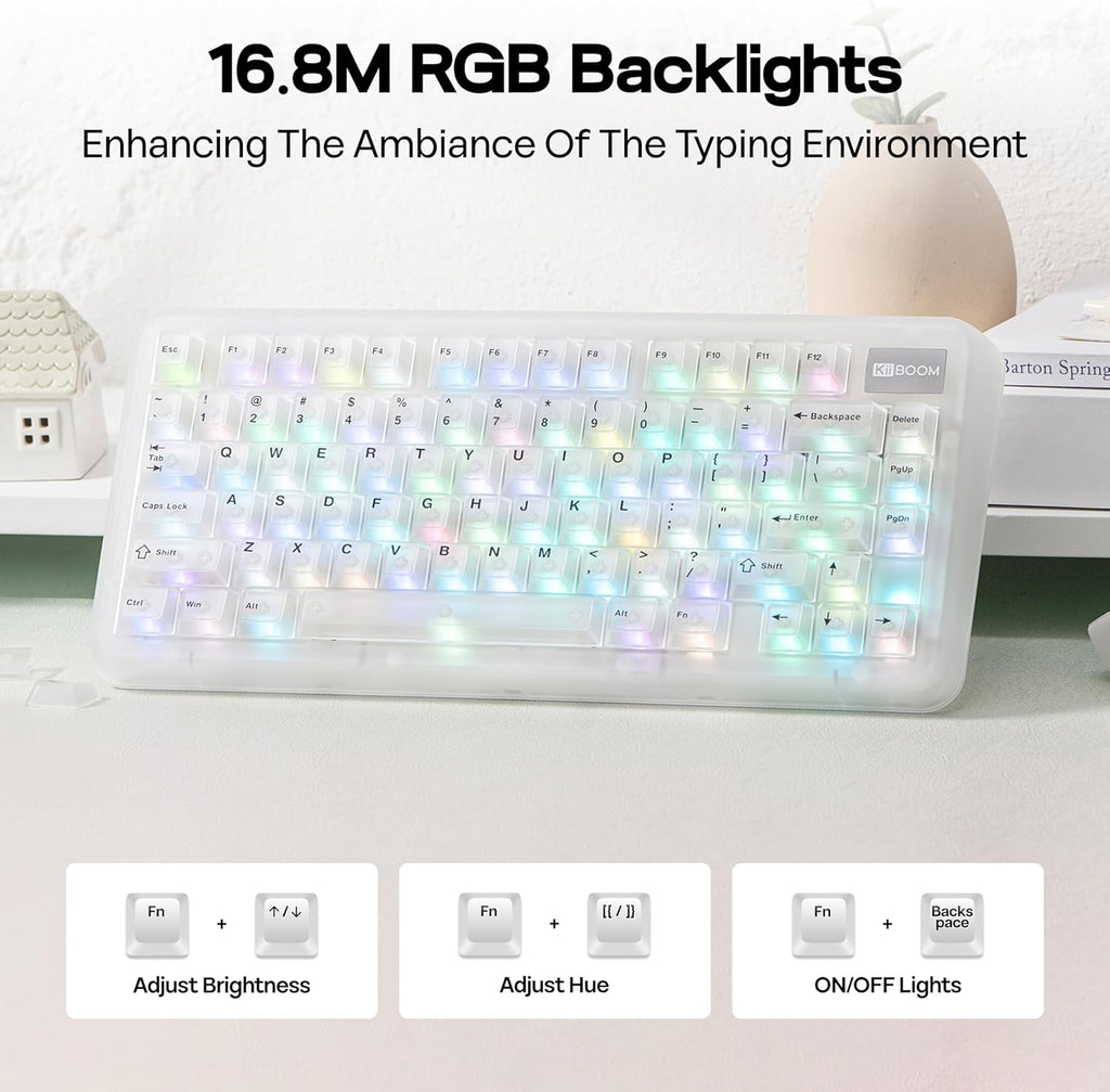 KiiBoom Phantom81 Lite 75% Gasket Mechanical Keyboard, QMK&VIA Programmable, 3 Modes Wireless Gaming Keyboard, RGB Backlights, ABS Case, Hot-Swappable for Windows/Mac/Linux (Clear)