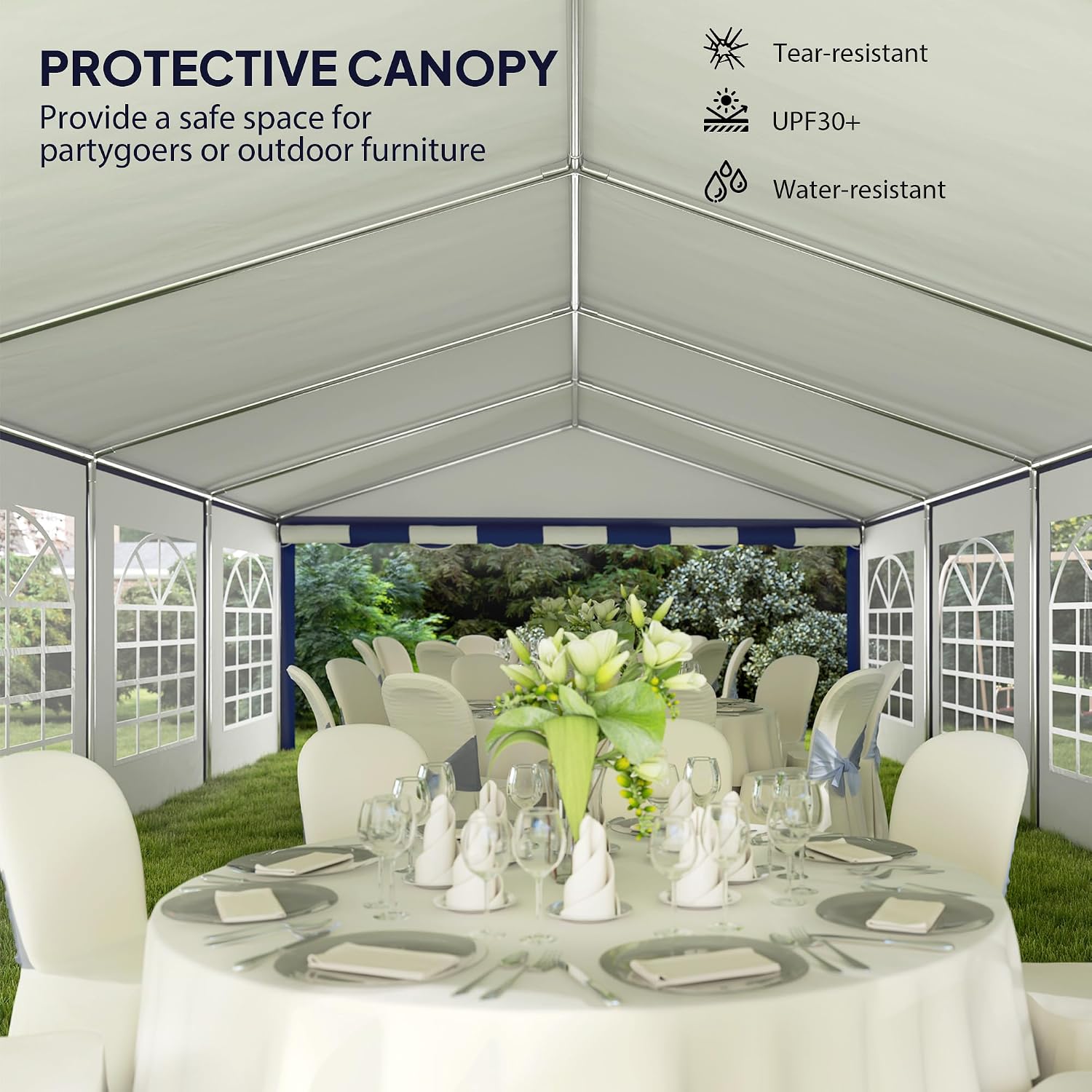 Outsunny 16.5' x 33' Party Tent, Heavy Duty Large Outdoor Canopy Tent Shelter with Removable Sidewalls, 10 Windows and 2 Doors, for Parties, Wedding, Events, BBQ Grill, White and Blue