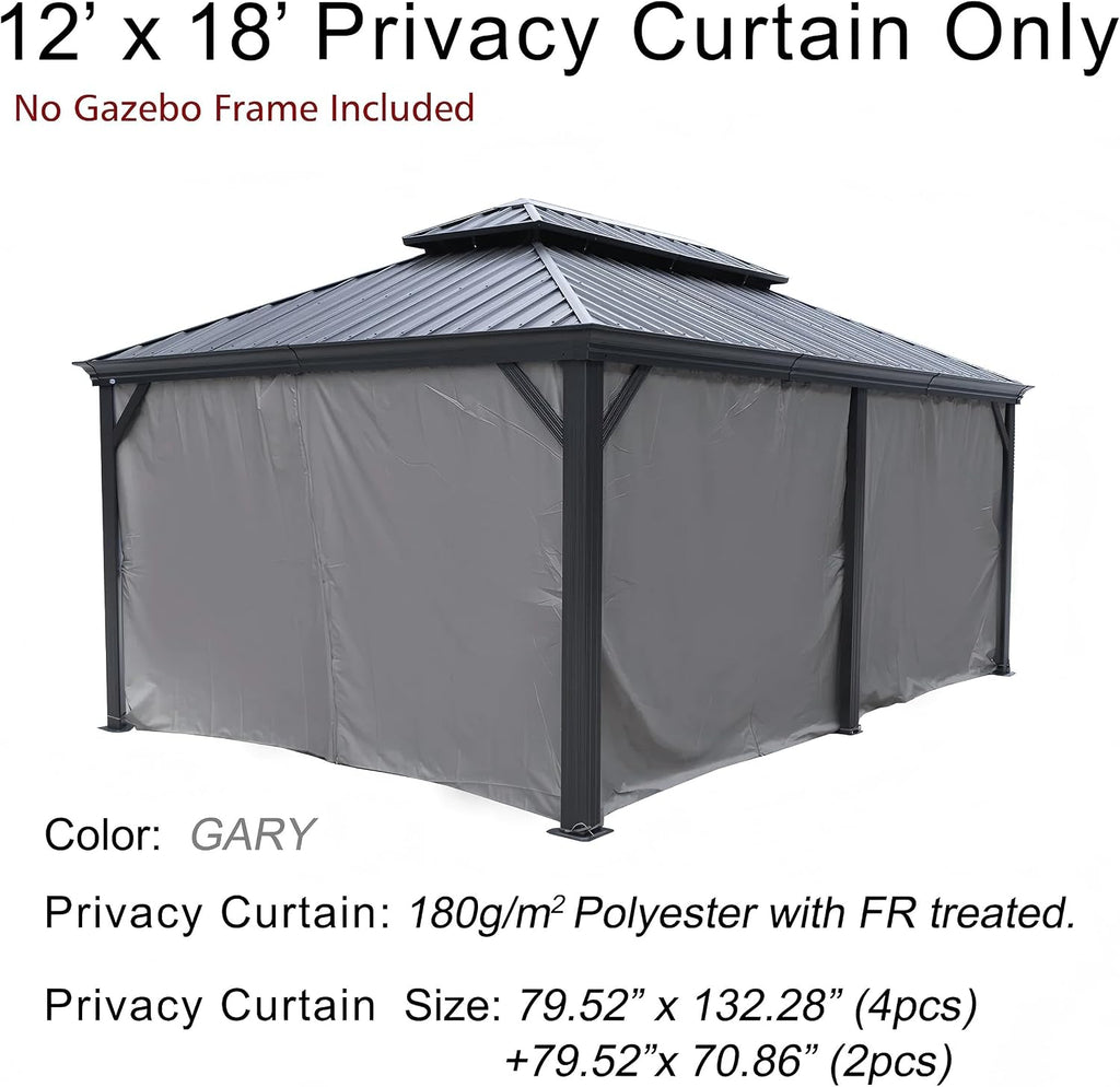 Kozyard 12' x 18'Outdoor Gazebo Privacy Curtain Sidewall, Waterproof Patio Privacy Curtain with Center-Zip Design, Replacement for Hardtop Gazebo Gray