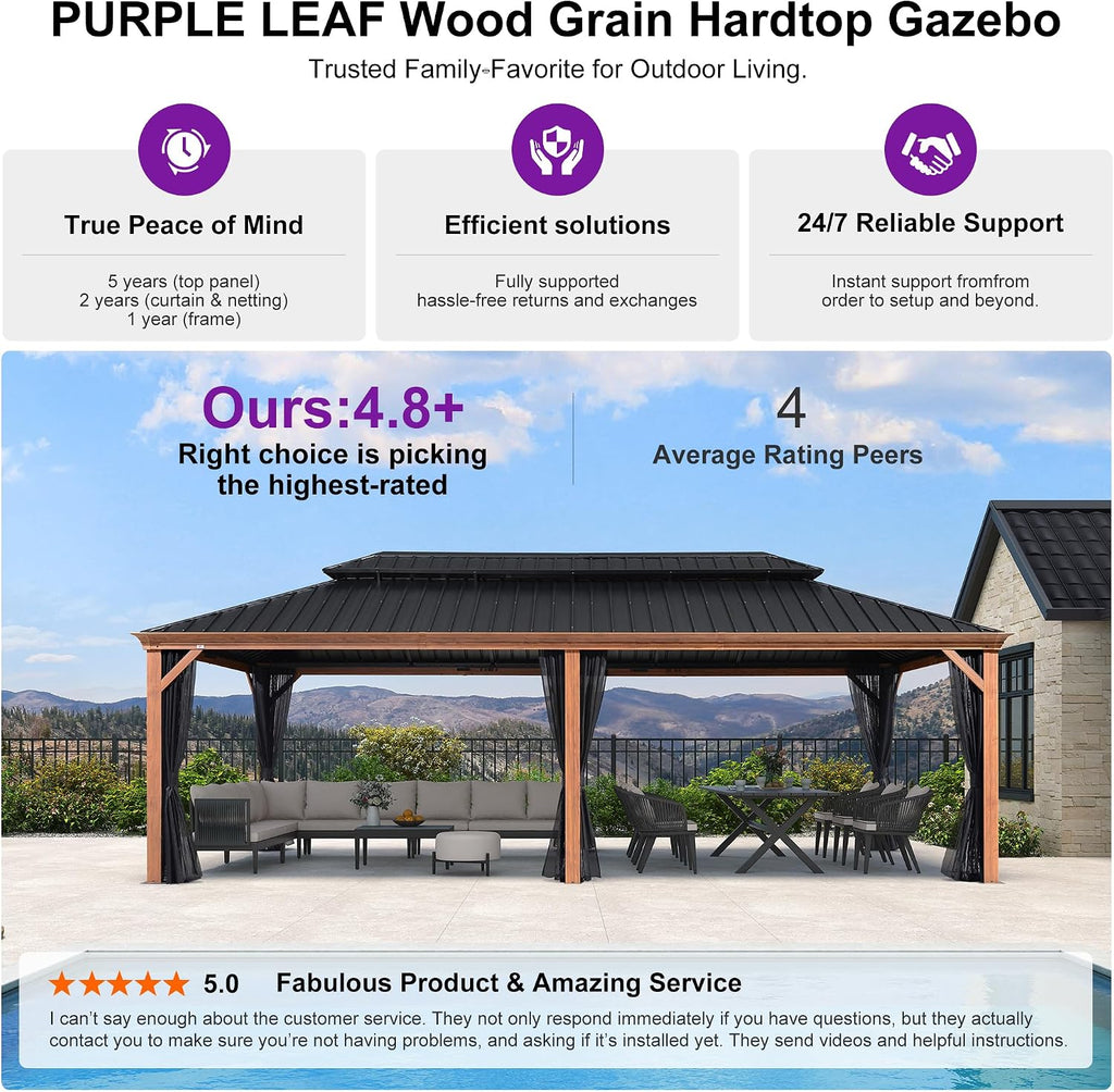 PURPLE LEAF 12' X 24' Outdoor Hardtop Gazebo for Patio Galvanized Steel Double Roof Permanent Canopy Teak Finish Coated Aluminum Frame Pavilion Gazebo with Netting and Khaki Curtains