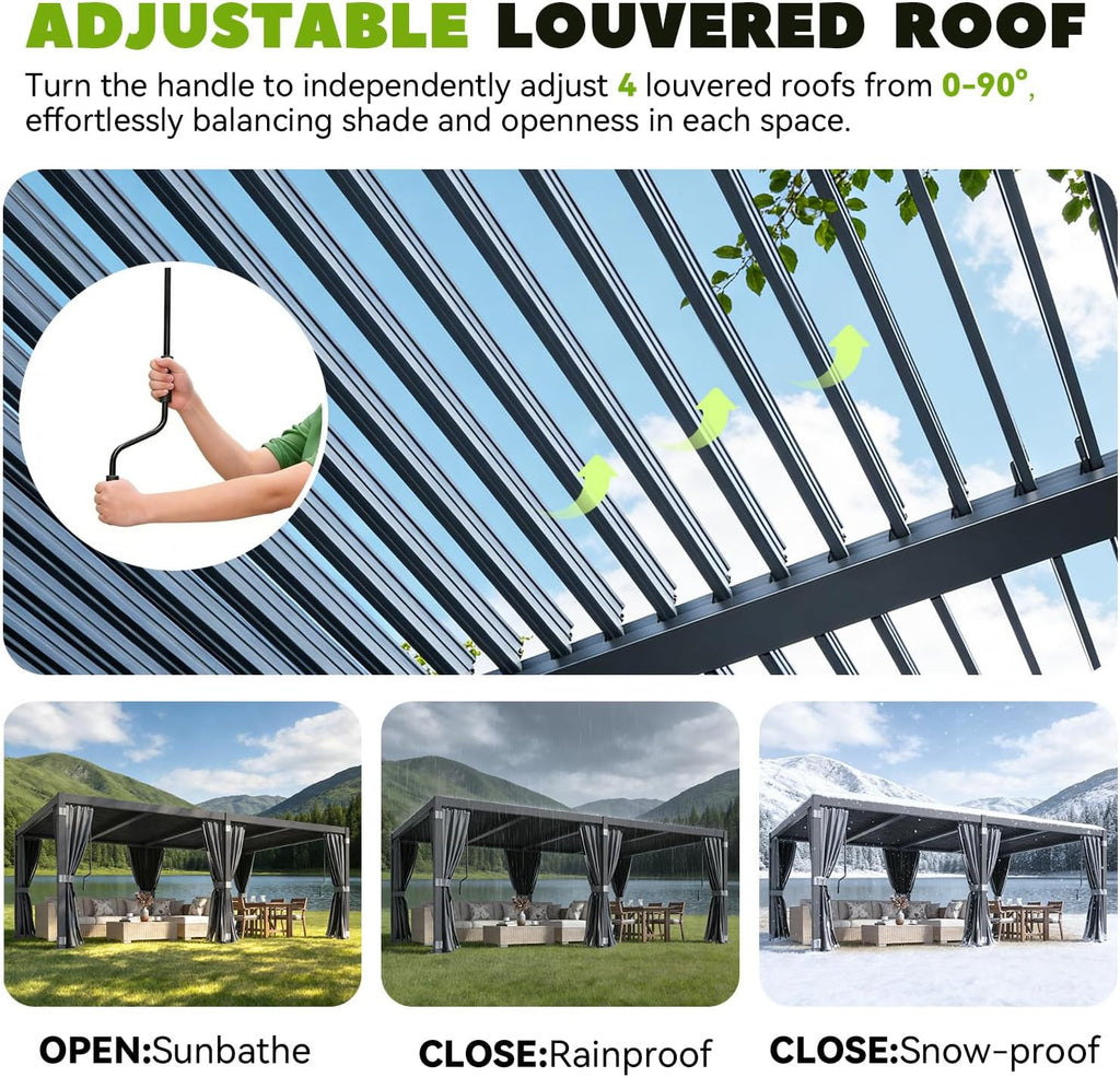 MELLCOM Louvered Pergola 12x20, Steel Aluminum Pergola with Adjustable Louvered Roofs, Outdoor Gazebo with Waterproof Curtains and Nets, Black