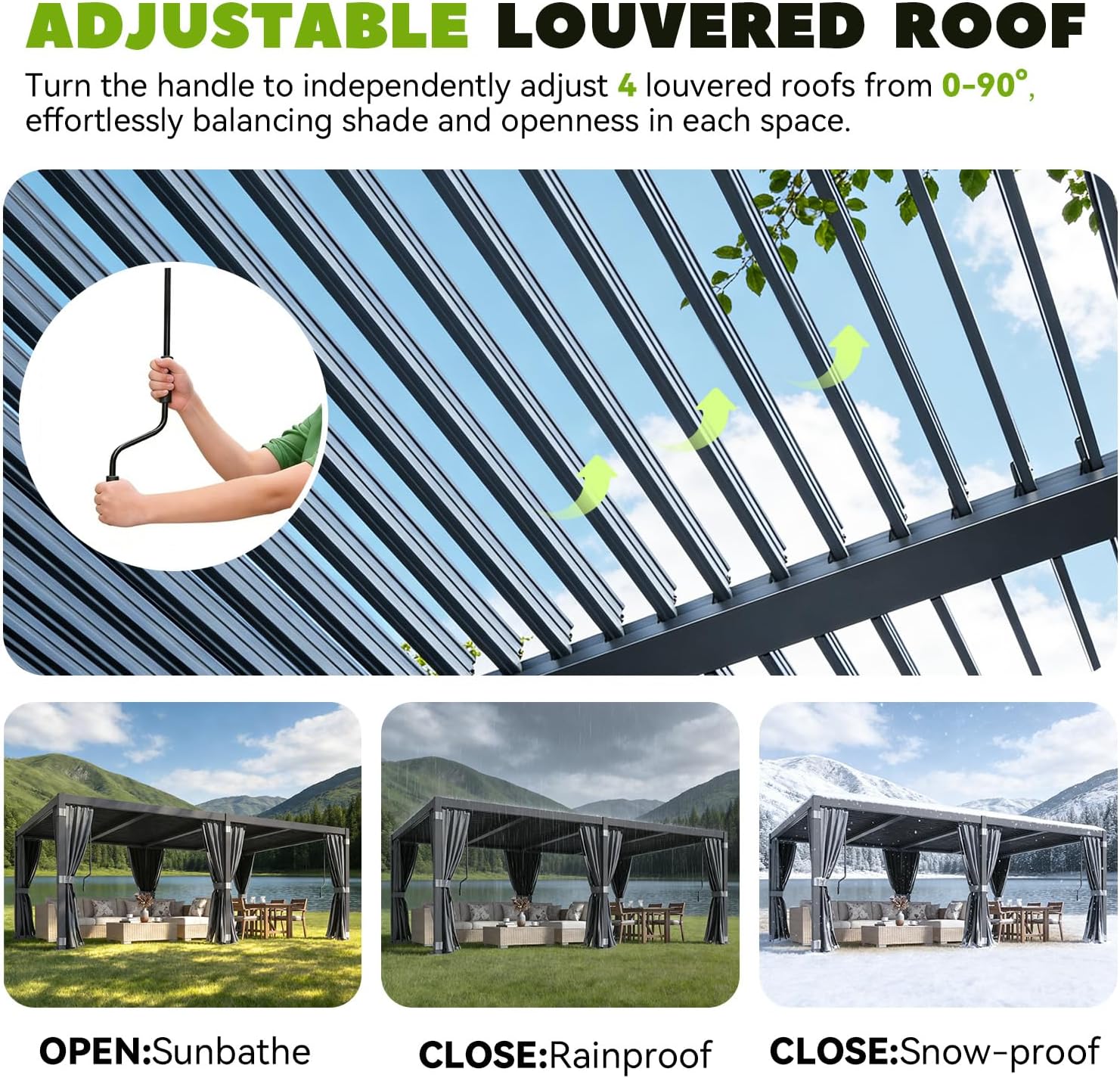 MELLCOM Louvered Pergola 12x20, Steel Aluminum Pergola with Adjustable Louvered Roofs, Outdoor Gazebo with Waterproof Curtains and Nets, Black