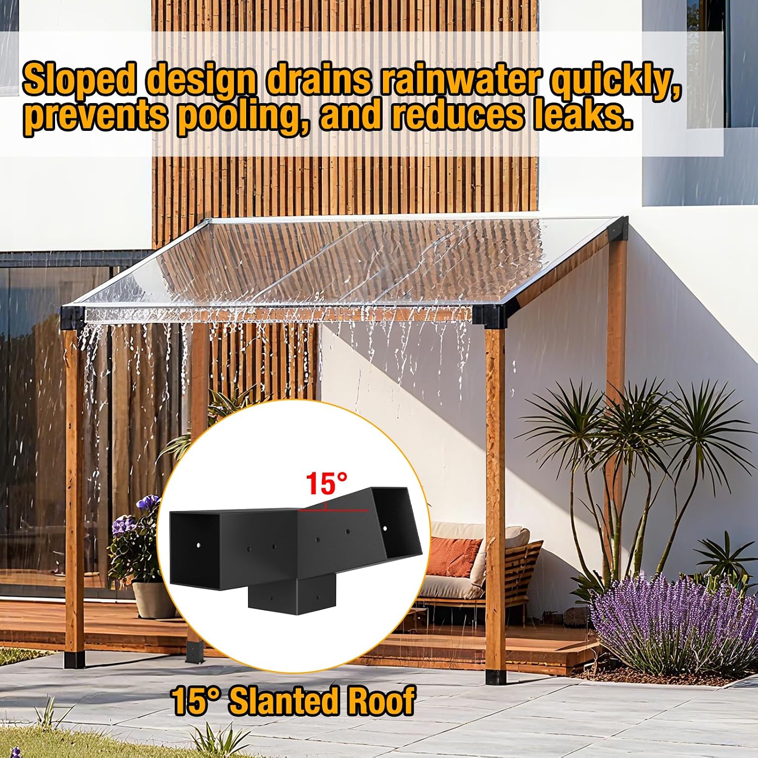 Eapele 8PCS 15° Slanted Roof Pergola Brackets, 3-Way Roof Wall Mount Extension Pergola Kit, Wood Post Base Bracket,Log Cabin