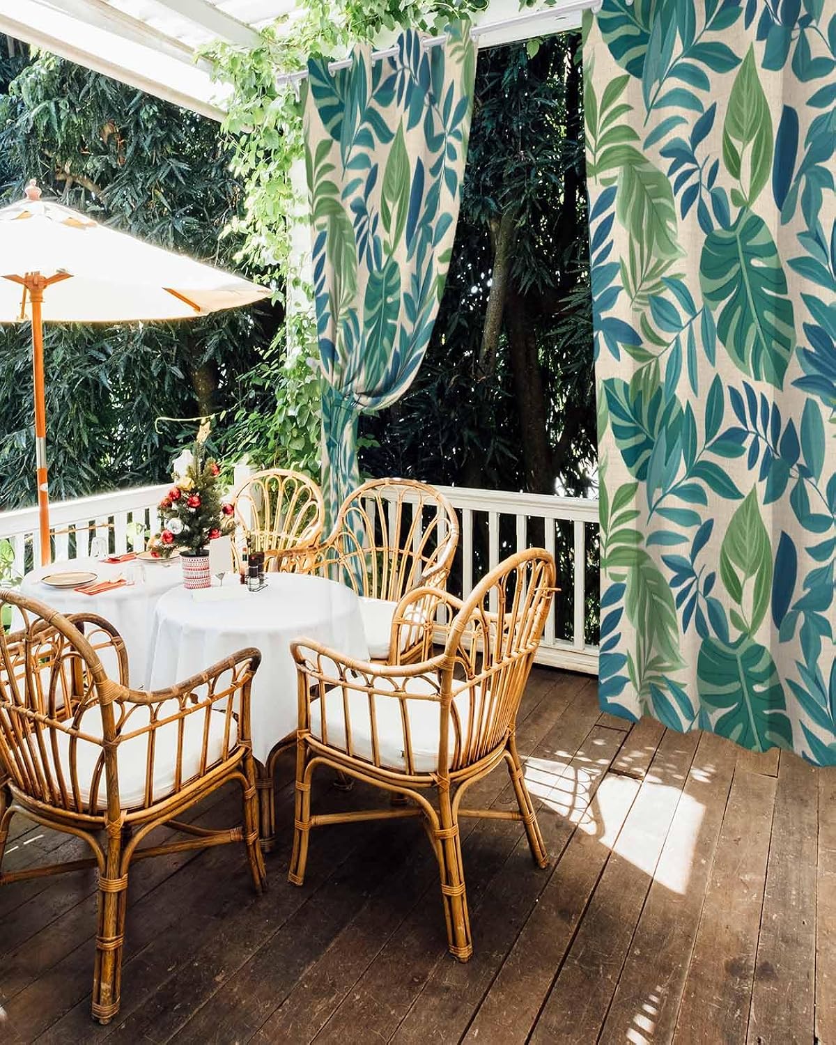 Summer Tropical Plants Outdoor Curtain for Patio Waterproof, Green Leaves Rustic Burlap Texture Outside Curtains with Grommet Top Curtain Panels Drapes for Pergola, Gazebo, Balcony 54'W x 95'L 2 Pcs