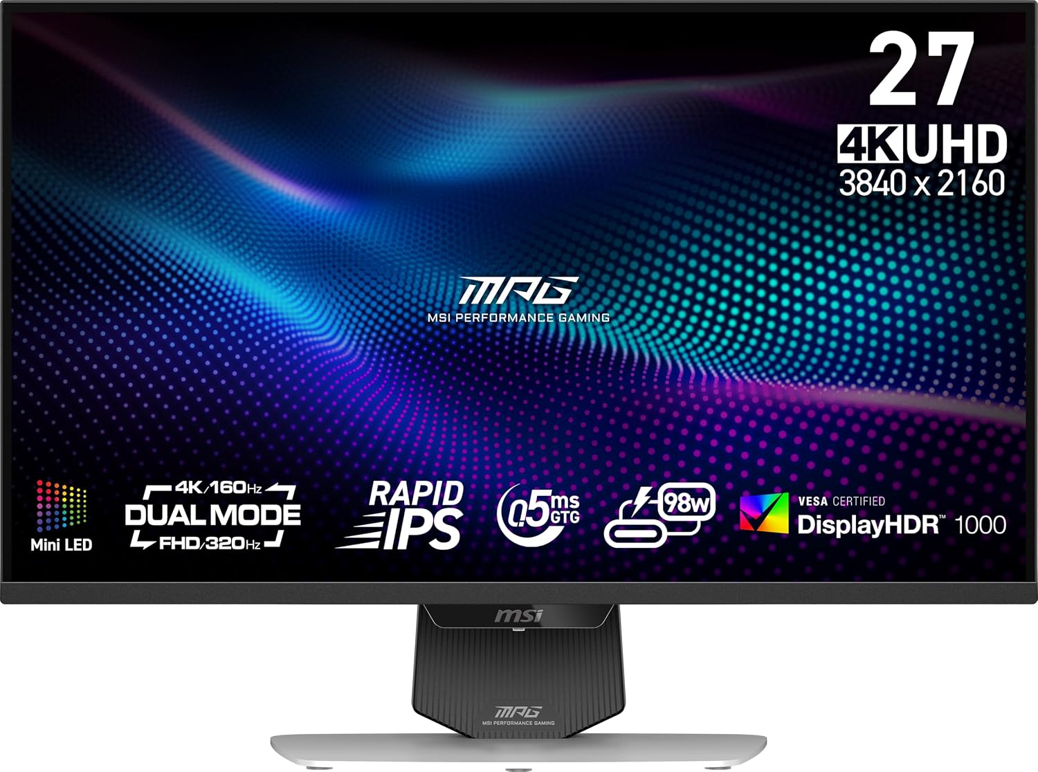 msi MPG 274URDFW E16M 27-inch 3840 x 2160 (UHD) Gaming Monitor, 160Hz, AMD Adaptive Sync, HDR Ready, HDMI, VGA Port, VESA Mountable, Tilt, 4-Side Slim Bezel, 0.5ms, White