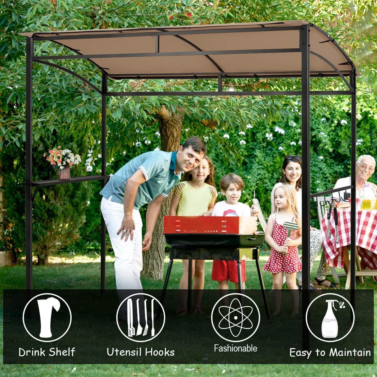 Moccha 7x4.4ft Grill Gazebo, Outdoor BBQ Gazebo with Storage Shelf, Hanging Hooks, Beer Opening Setting, Heavy-Duty Metal Frame, Grill Canopy Tent Sunshade Awning for Backyard, Patio, Garden, Brown