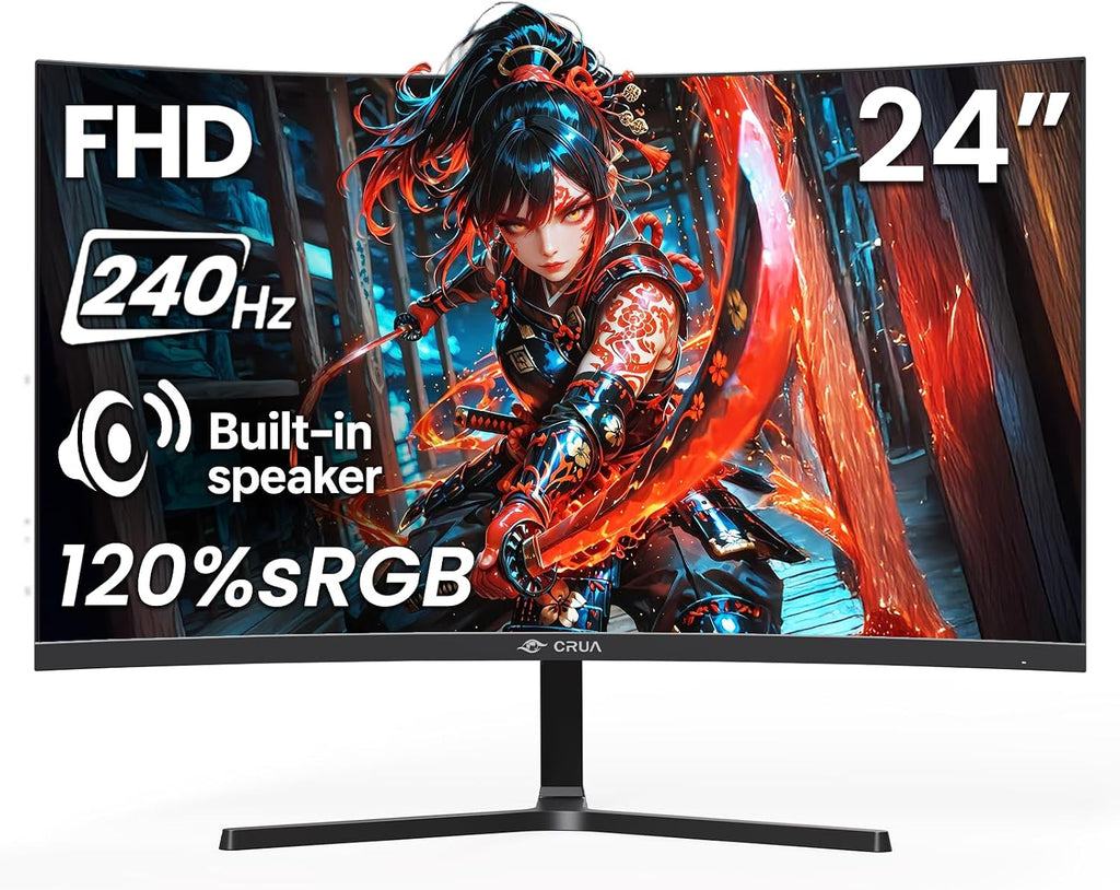 CRUA 24' 240Hz Gaming Monitor, Curved FHD 1920 x 1080P, Built-in Speakers, Support 120% sRGB, AMD FreeSync, Low Motion Blur, Wall Mount Installs Compatible, for Office and Games(HDMI 2.0&DP 1.4)–Black