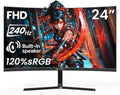 CRUA 24' 240Hz Gaming Monitor, Curved FHD 1920 x 1080P, Built-in Speakers, Support 120% sRGB, AMD FreeSync, Low Motion Blur, Wall Mount Installs Compatible, for Office and Games(HDMI 2.0&DP 1.4)–Black