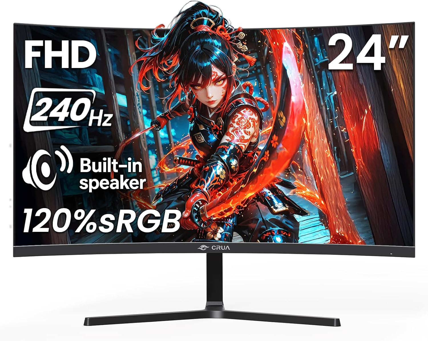 CRUA 24' 240Hz Gaming Monitor, Curved FHD 1920 x 1080P, Built-in Speakers, Support 120% sRGB, AMD FreeSync, Low Motion Blur, Wall Mount Installs Compatible, for Office and Games(HDMI 2.0&DP 1.4)–Black
