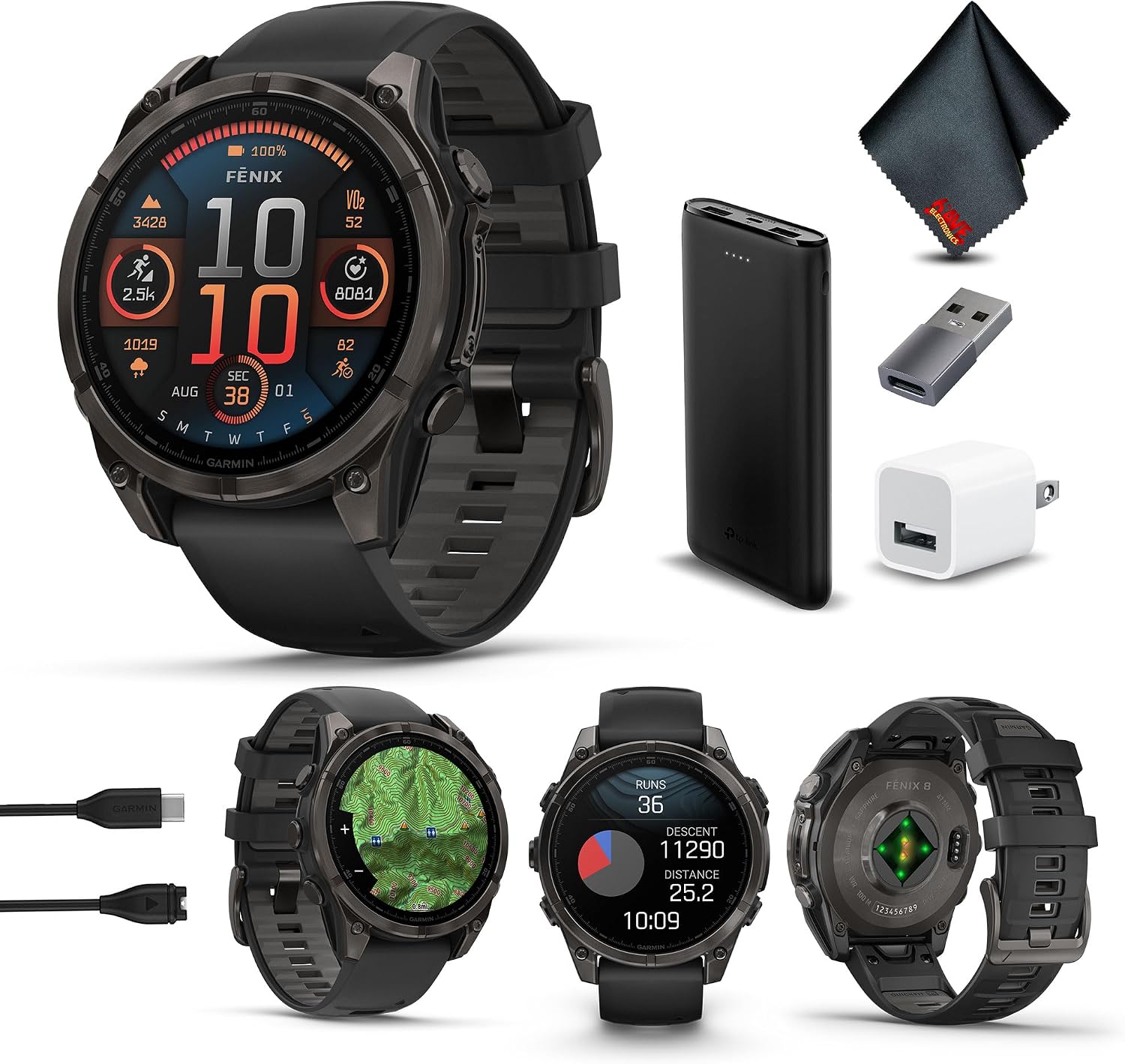 Garmin Fenix 8 47MM AMOLED Sapphire Premium Multisport GPS Smartwatch Carbon Gray DLC Titanium with Black Gray Silicone Band, Built-in LED Flashlight, Health & Fitness Smart Watch Bundle for Men