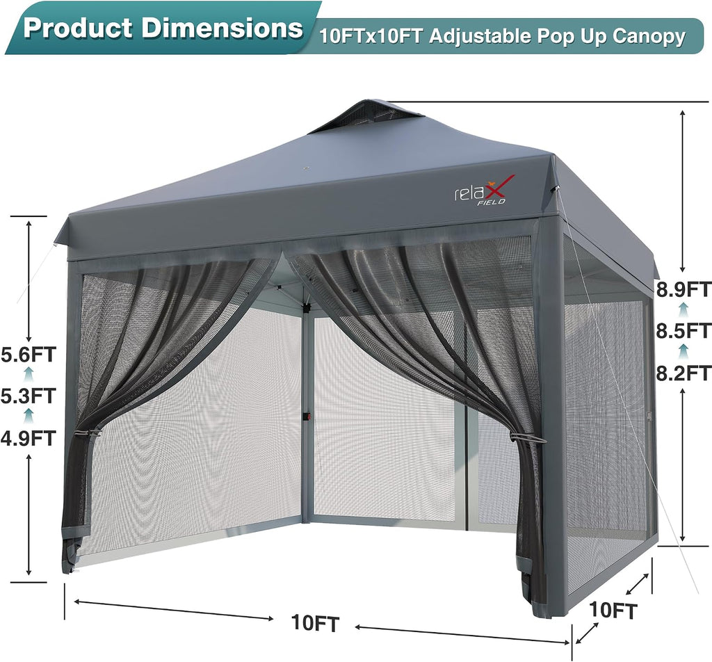 10x10 Pop Up Canopy Tent with Mosquito Netting, Outdoor Portable Screen Tent for Yard, Party, Camping and Picnic, 3 Height Positions, Patio Gazebo with Roller Bag and 4 Sandbags