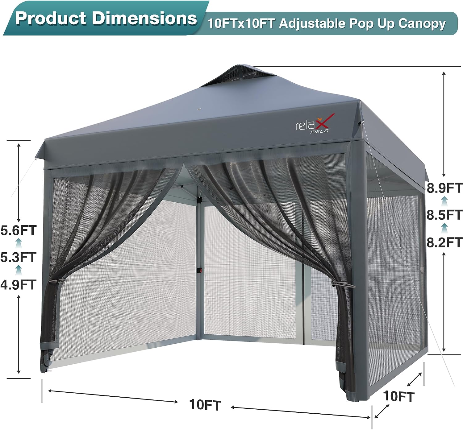 10x10 Pop Up Canopy Tent with Mosquito Netting, Outdoor Portable Screen Tent for Yard, Party, Camping and Picnic, 3 Height Positions, Patio Gazebo with Roller Bag and 4 Sandbags