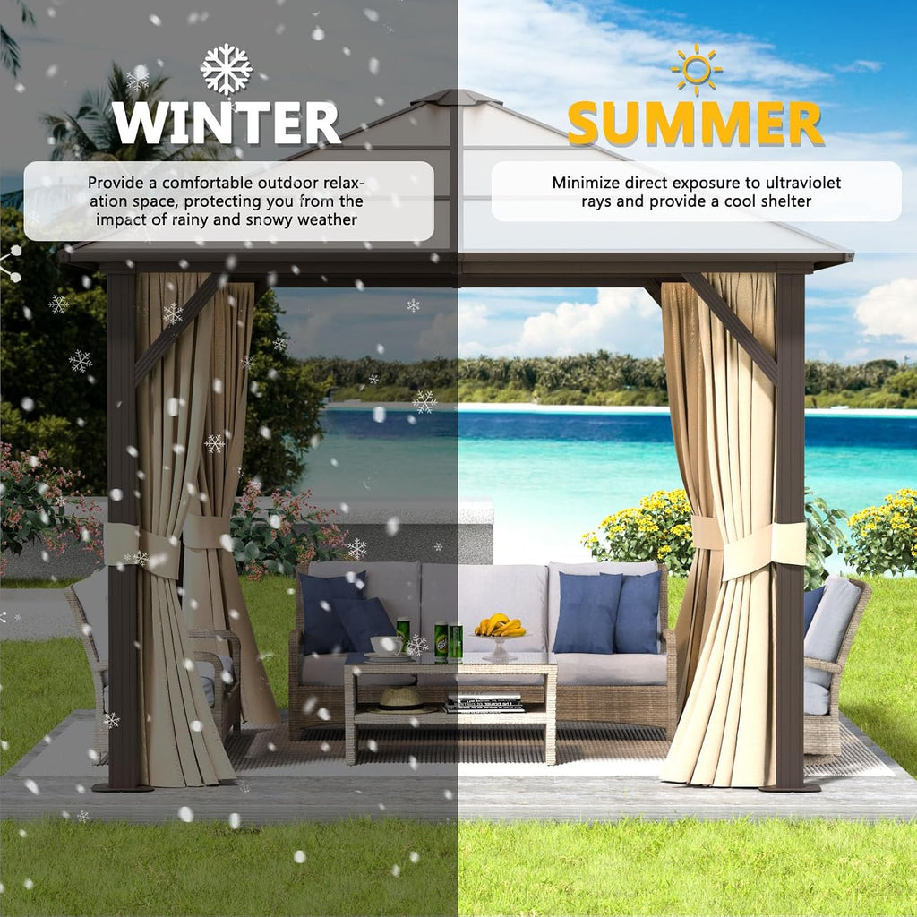 Aoxun 10'x10' Gazebo Single Polycarbonate Top, Outdoor Polycarbonate Frame Permanent Gazebo with Curtains and Netting, for Patios, Parties, Backyards, Gardens