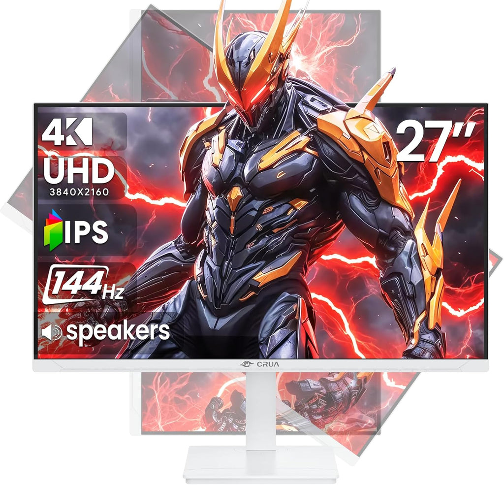 CRUA 27' Gaming Monitor, 144Hz 4K UHD(3840*2160P) IPS Screen, Supports Height/Pivot/Rotating/Tilt Adjustable Vertical Monitor, AMD Freesync, 120% sRGB, Built-in Speakers, Wall Mountable Installs-White
