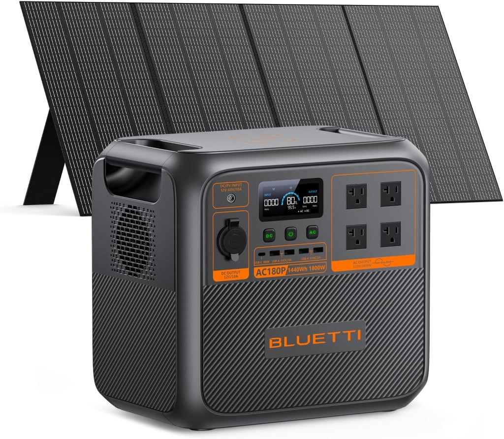 BLUETTI Solar Generator AC180P with 350W Solar Panel Included (Ship Separately), 1440Wh Portable Power Station w/ 2 1800W (2700W Surge) AC Outlets, LFP Emergency Power for Camping, Off-grid, Outage