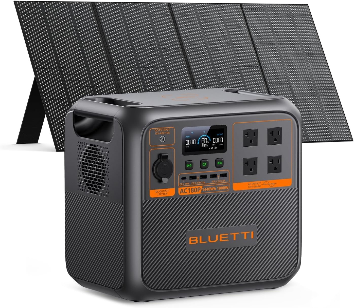 BLUETTI Solar Generator AC180P with 350W Solar Panel Included (Ship Separately), 1440Wh Portable Power Station w/ 2 1800W (2700W Surge) AC Outlets, LFP Emergency Power for Camping, Off-grid, Outage