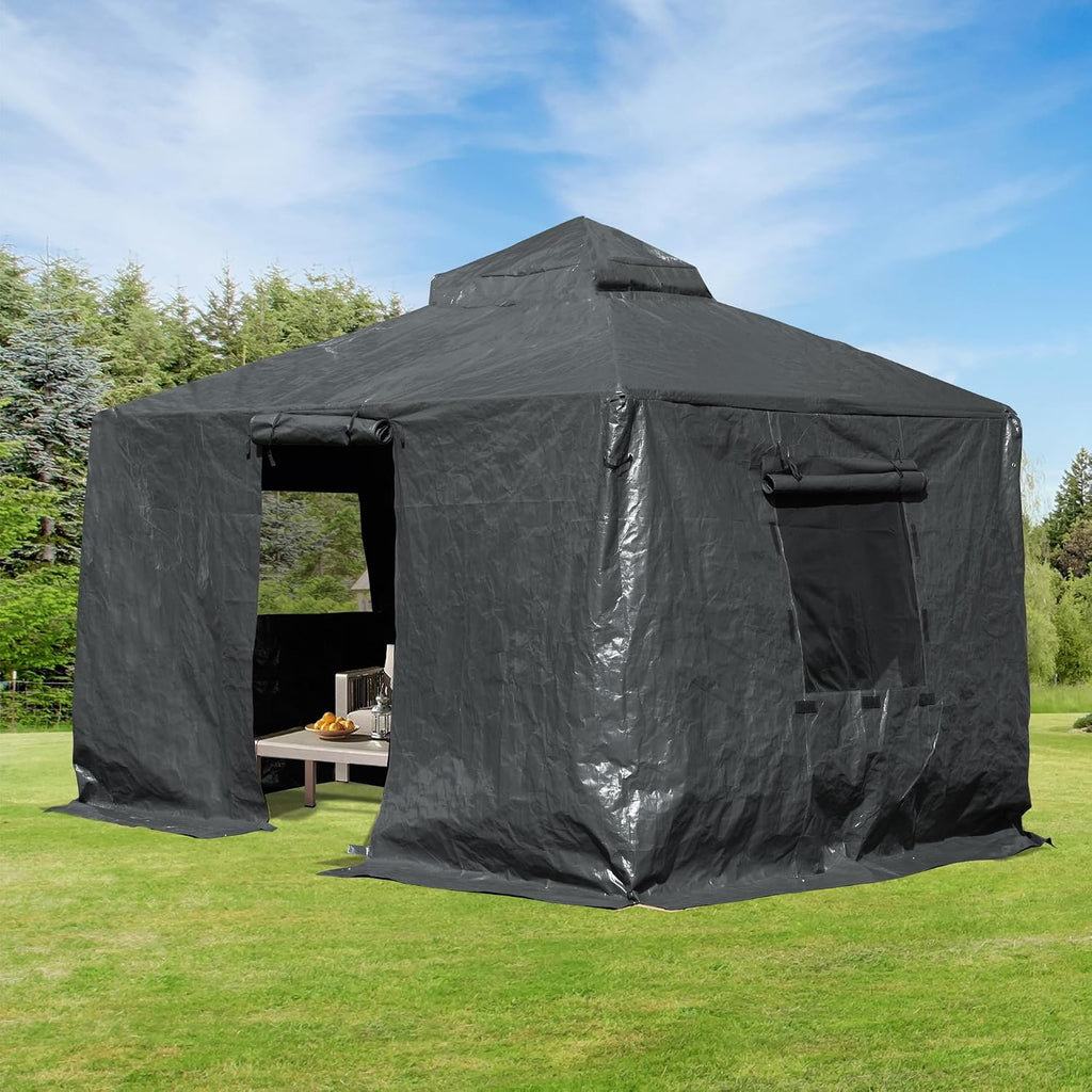 Domi 10' x 10' Winter Gazebo Cover, All Season Universal Waterproof Enclosed Cover with Sidewalls & Mesh Windows for Hardtop Gazebos, Heavy Duty All-Weather Outdoor Protection (Grey)