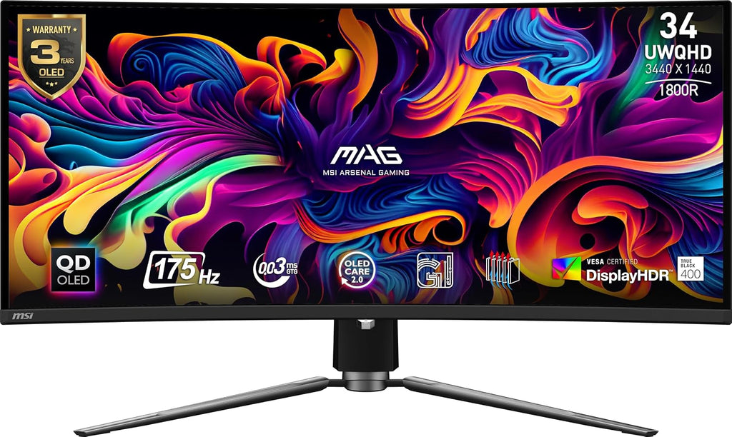 msi MAG 341CQP QD-OLED, 34 Curved OLED Gaming Monitor, 3440 x 1440 (UWQHD), 0.03ms Response time, 175Hz, True Black HDR 400, HDMI, DP Port, USB Type C, Tilt, Height, Black