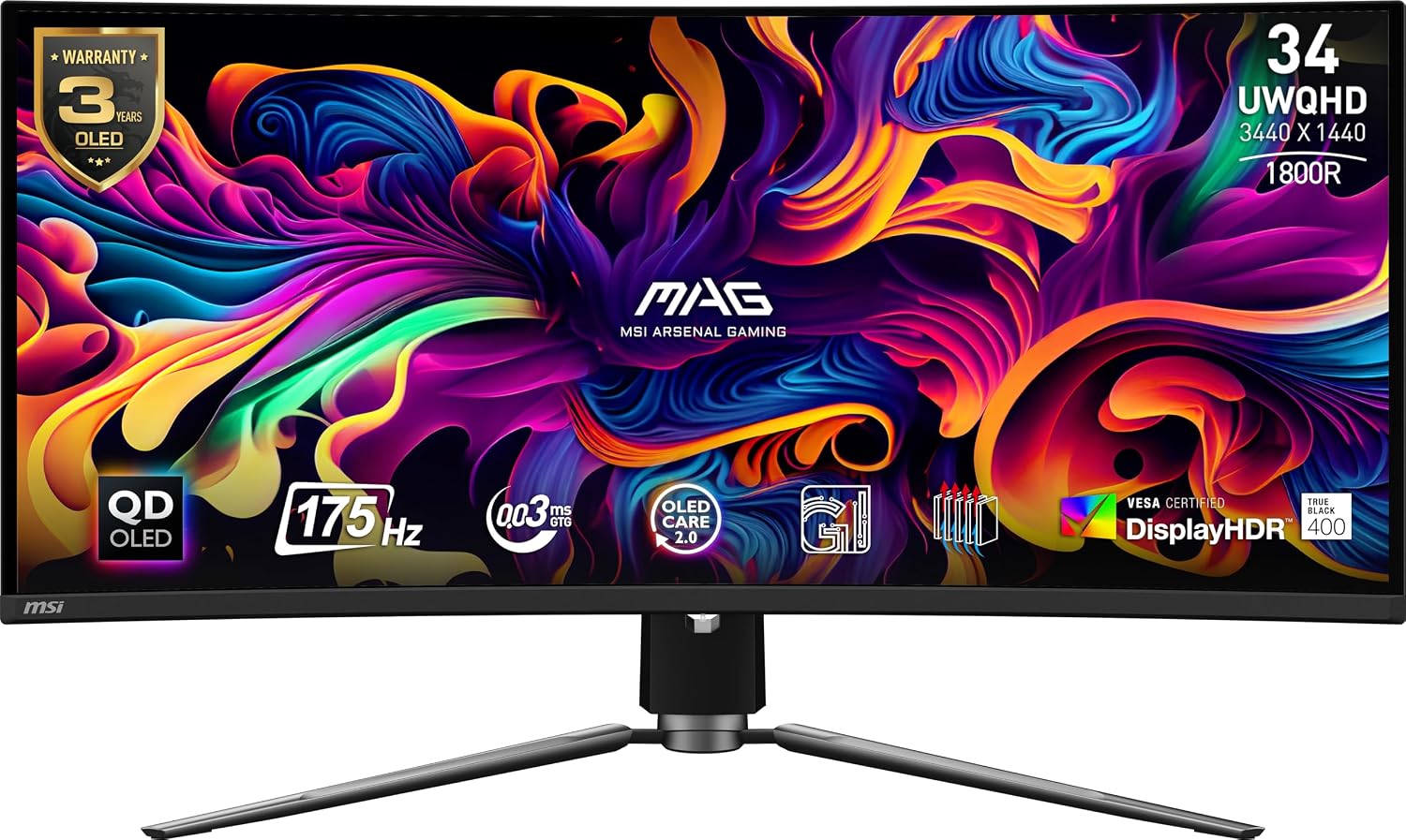msi MAG 341CQP QD-OLED, 34 Curved OLED Gaming Monitor, 3440 x 1440 (UWQHD), 0.03ms Response time, 175Hz, True Black HDR 400, HDMI, DP Port, USB Type C, Tilt, Height, Black