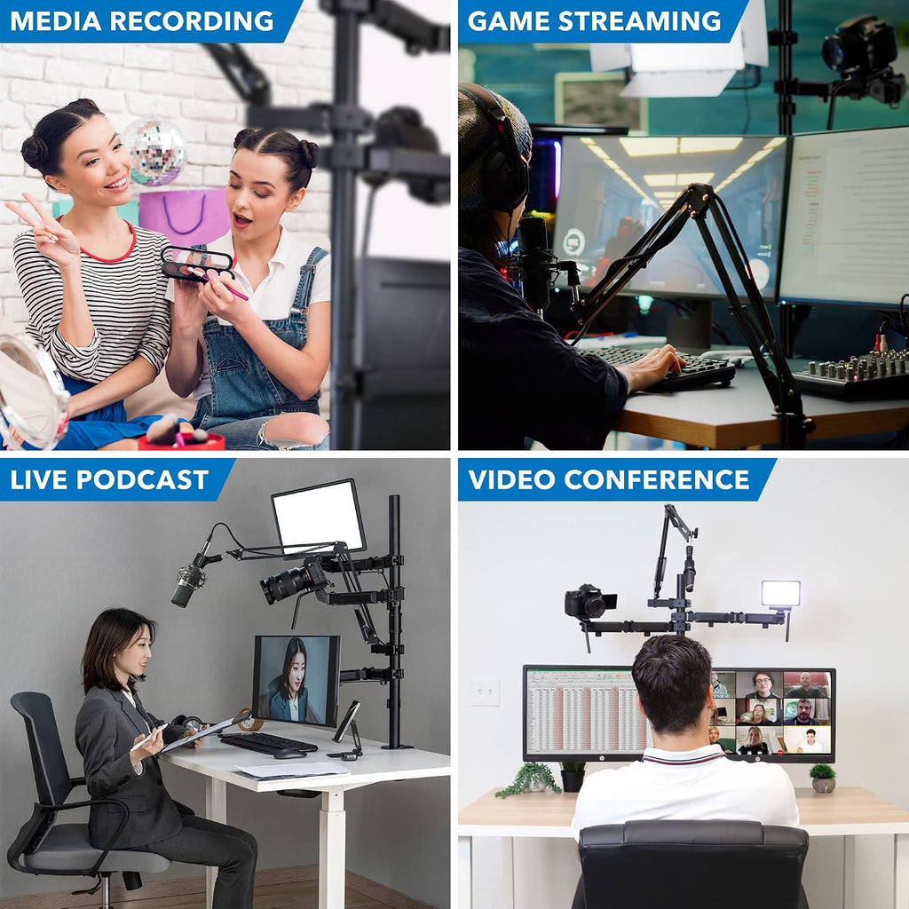 Mount-It! All-in-One Streaming Desk Mount – 4 Arm Setup for Monitor, Camera, Ring Light & Mic – Live Stream Equipment for YouTube, Podcast, Gaming, Zoom – VESA Compatible, Clamp/Grommet Base