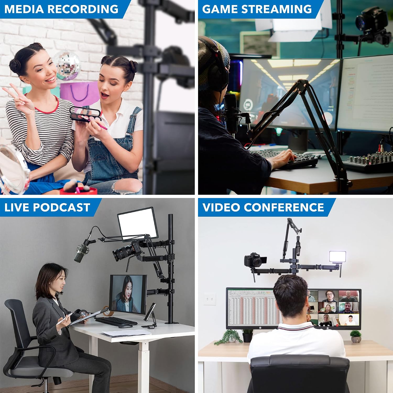 Mount-It! All-in-One Streaming Desk Mount – 4 Arm Setup for Monitor, Camera, Ring Light & Mic – Live Stream Equipment for YouTube, Podcast, Gaming, Zoom – VESA Compatible, Clamp/Grommet Base