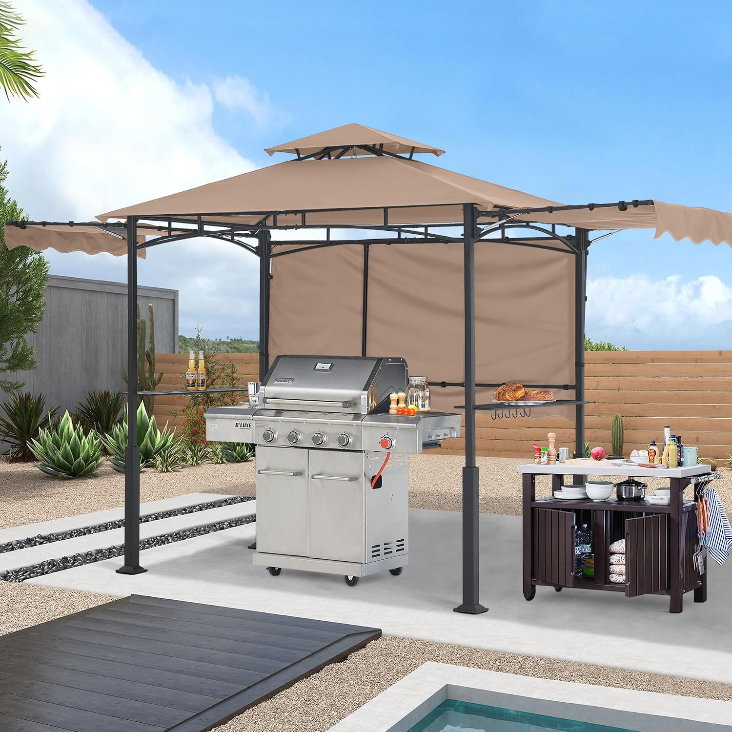 ABCCANOPY Grill Gazebo with 3 Side Awnings - 14x5 Outdoor BBQ Canopy Shelter with 2 Led Lights for Patio Backyard Grilling (Khaki)