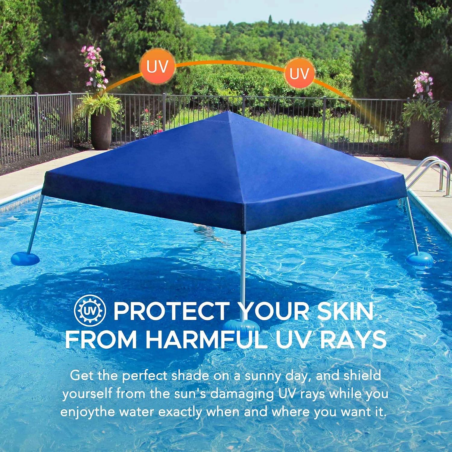 Sunjoy Floating Pool Canopy with Add-on 24x24 in. Wicker Floating Tray, Navy