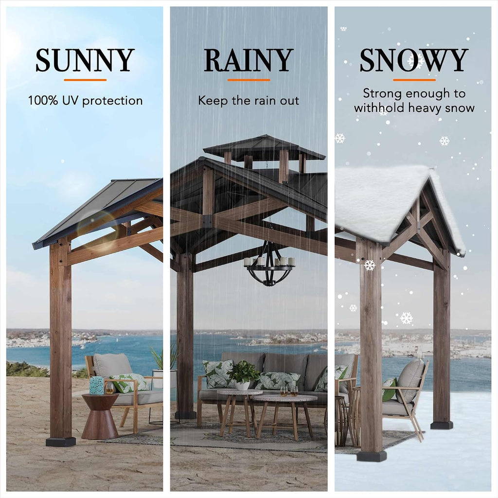 Sunjoy 12.5 x 12.5 ft. Hardtop Gazebo Outdoor Cedar Frame Wood Gazebo with Steel 2-Tier Hardtop Roof and Ceiling Hook, Black by SummerCove
