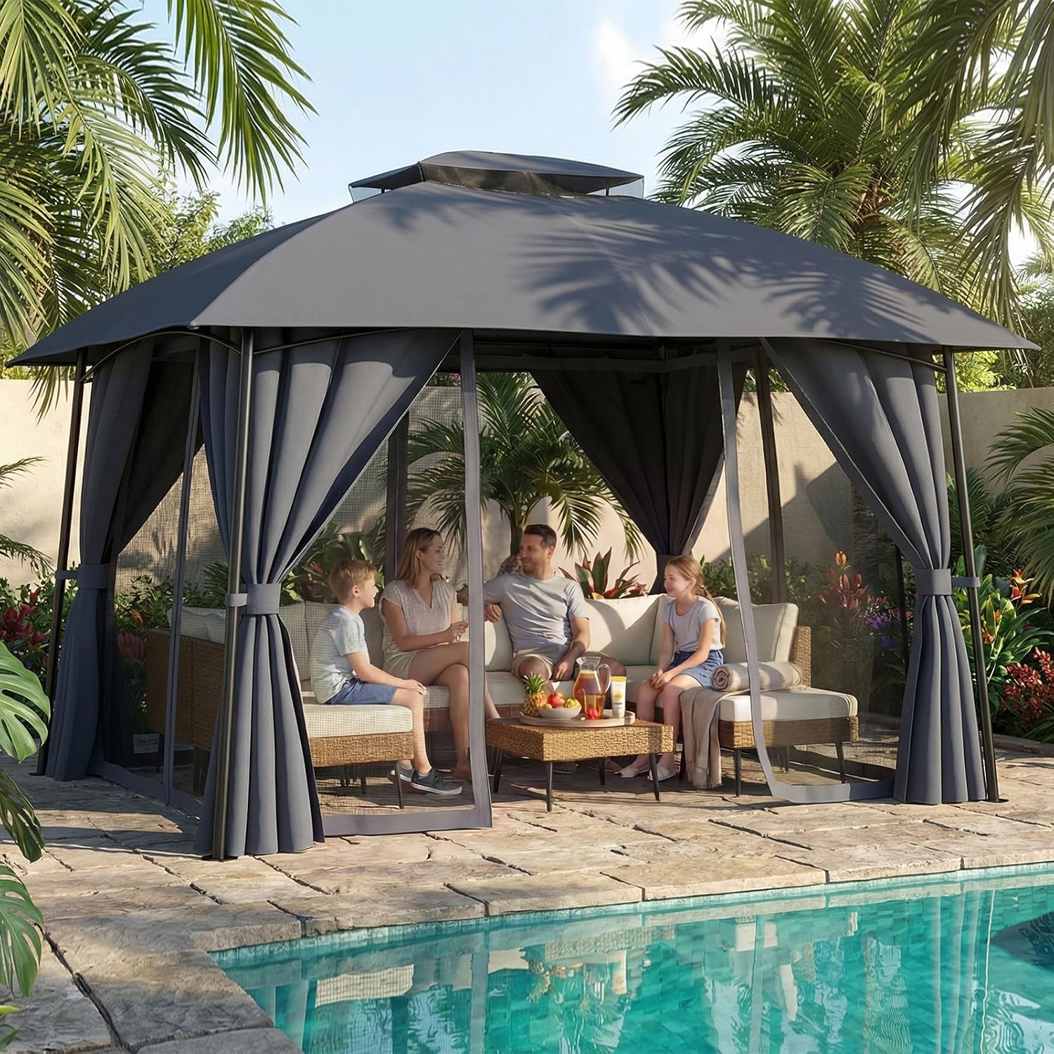 Outdoor Patio Gazebo 10x12, Heavy Duty Metal Frame Canopy Tent Shelter with Double Roof Design, Patio Gazebo with Mosquito Nettings and Privacy Screens for Backyard, Deck, Garden (Dark Grey)