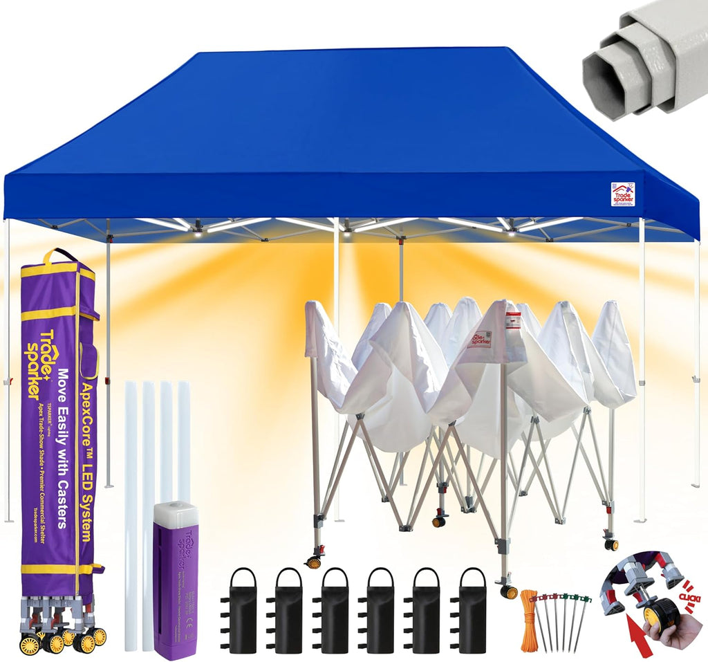 Tradesparker 10x20 Pop Up Canopy Tent,Commercial Movable Canopy with ApexCore LED&Rugged Casters-Instant Easy Setup Shelter Canopies with Weight Bags&Stakes for Outdoor Events Markets Vendors,Blue