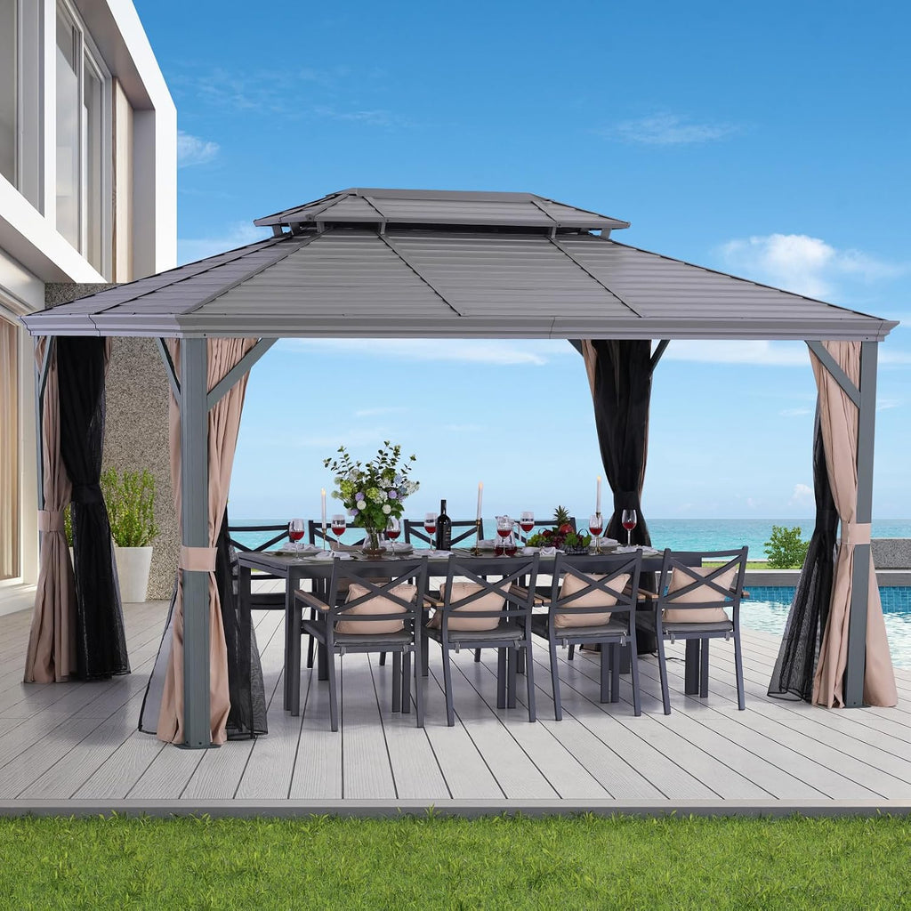 LeDoasis Nova 10' X 13' Outdoor Hardtop Gazebo Double Galvanized Steel Gazebo Aluminum Frame Canopy with Netting and Curtains, for Garden,Patio,Lawns,Parties