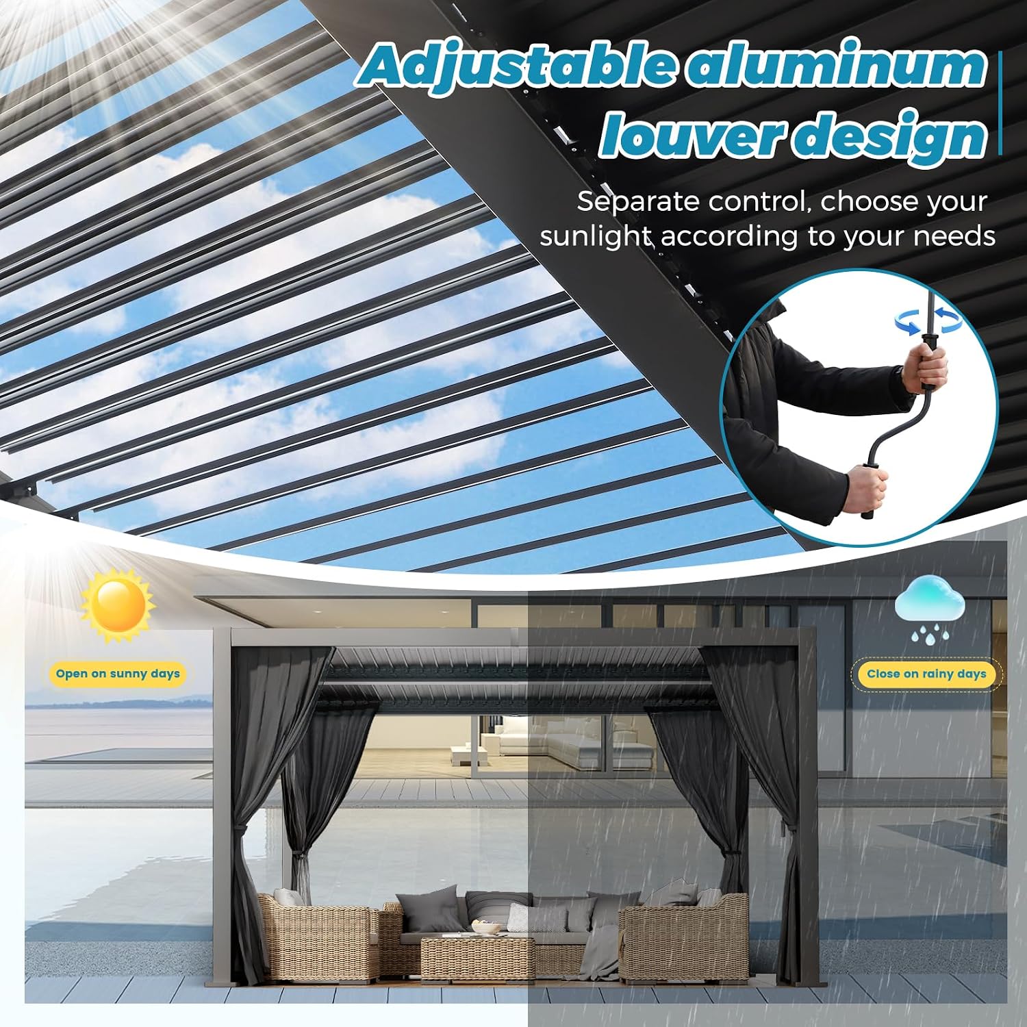 LVUYOYO Outdoor Louvered Pergola 10' x 13', Aluminum Pergola with Adjustable Roof, Waterproof Metal Gazebo with Curtains and Netting for Patio, Backyard, Garden, Deck (Black)