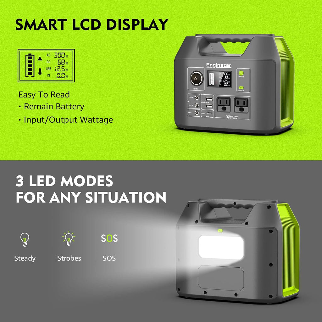 EnginStar Solar Generator, 300W Portable Power Station, 296Wh Lithium Battery Backup w/Two 110V Pure Sine Wave AC Outlet for Camping Road Trip RV, 80000mAh Sufficient Power Supply for Blackout