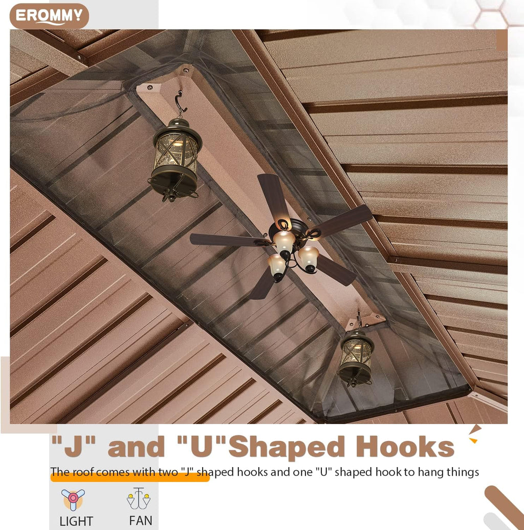 EROMMY 12'x20' Hardtop Gazebo Double Roof Galvanized Steel Canopy Outdoor Aluminum Frame Permanent Metal Pavilion with Netting and Curtains for Patio Backyard Deck and Lawns